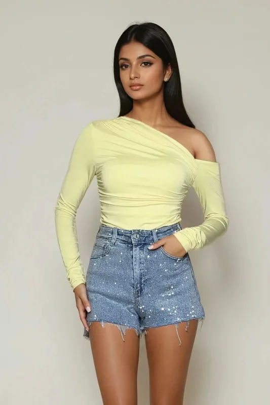 HAZEL Asymmetric Off Shoulder Ruched Crop Top in Lemon sold by Talliah Rose UK