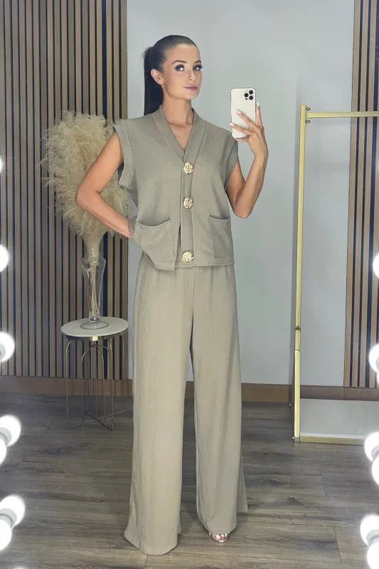 LYLA Textured Waistcoat & Wide Leg Trouser Co Ord in Beige sold by Talliah Rose UK