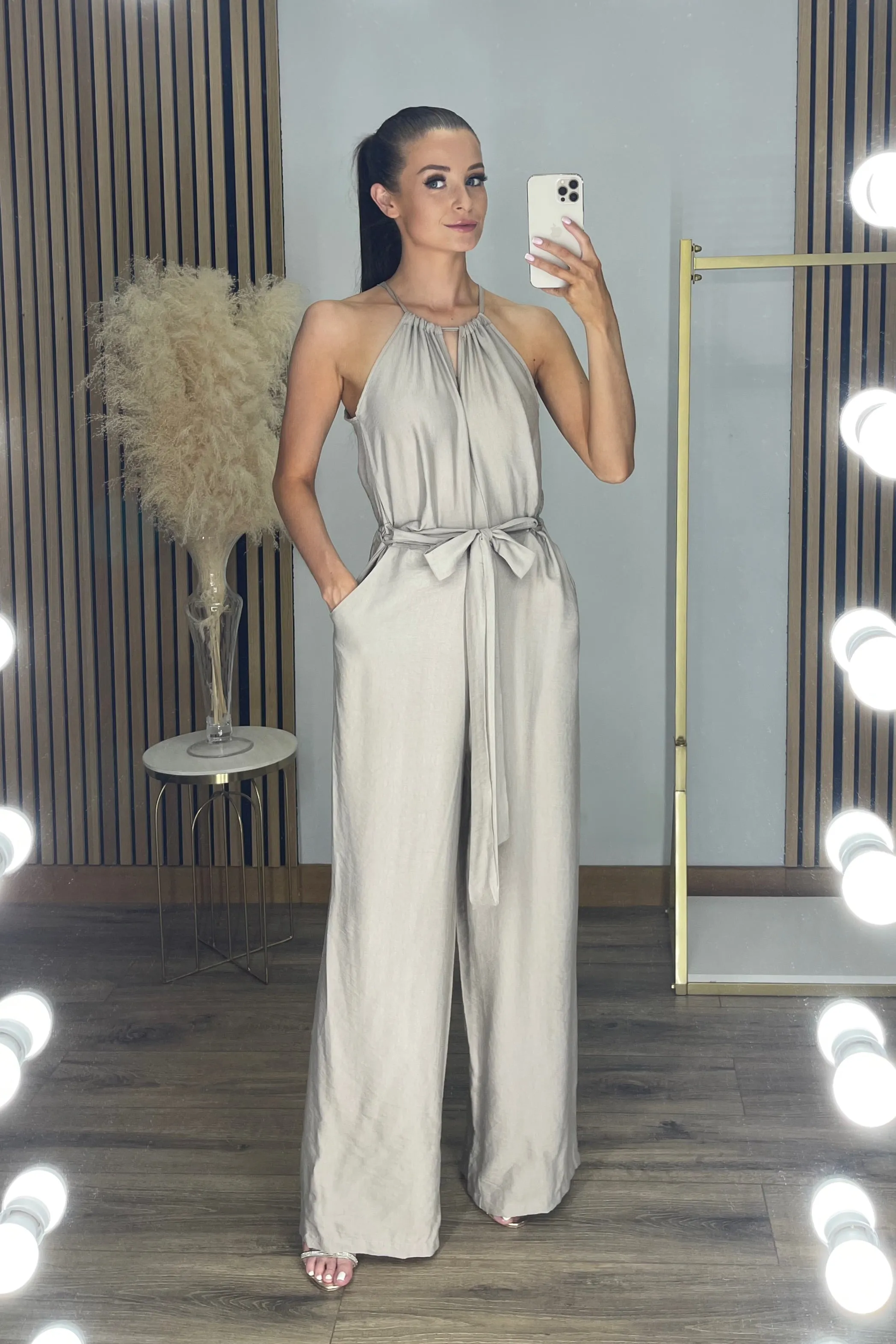 RUTH Straight Leg Linen Feel Jumpsuit in Taupe sold by Talliah Rose UK