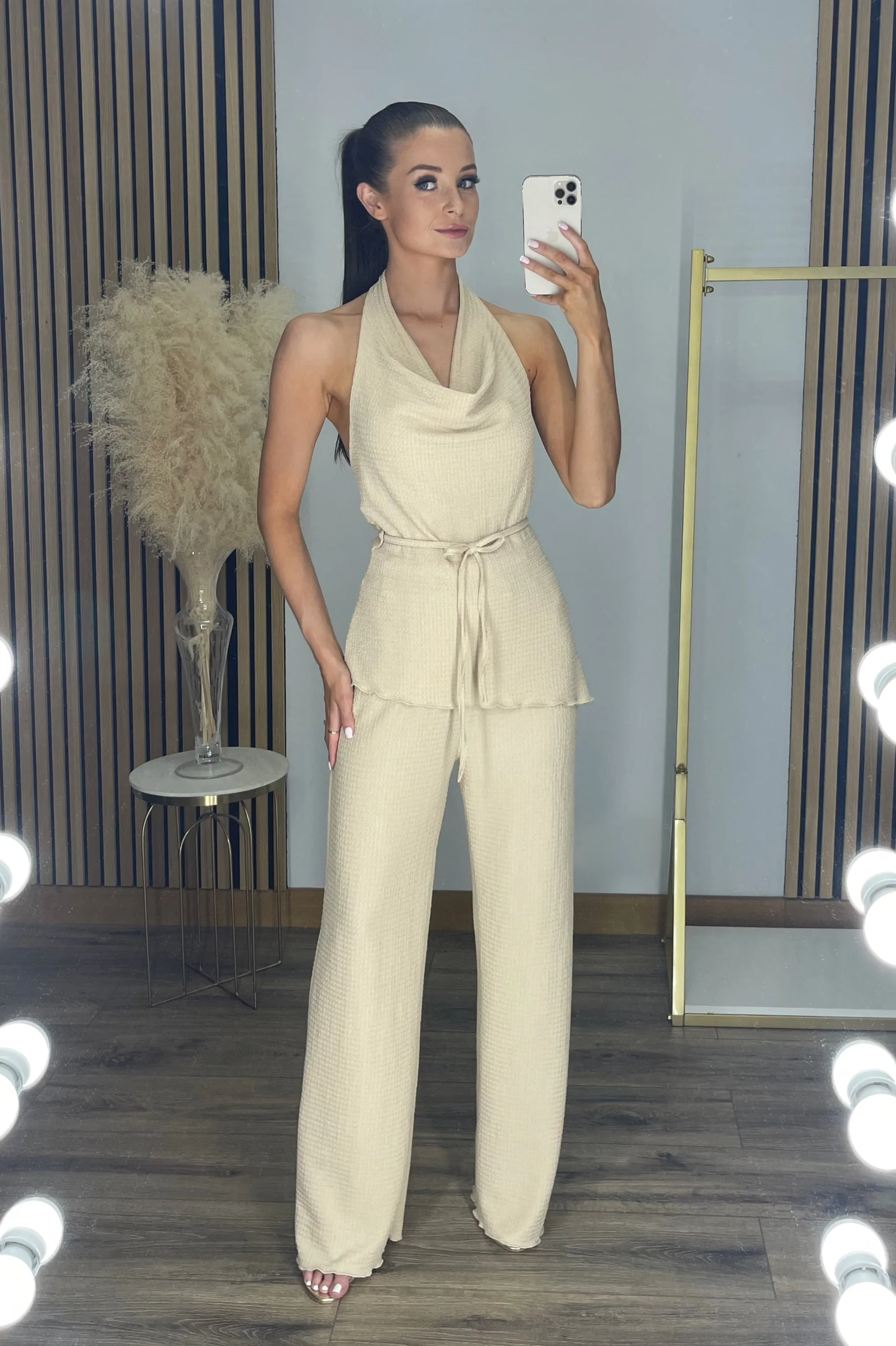 MARIA Textured Halter-neck Top & Wide Leg Trouser Co Ord in Beige sold by Talliah Rose UK