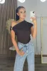 OLIVE Stretch Rib Off Shoulder Buckle T Shirt in Chocolate sold by Talliah Rose UK