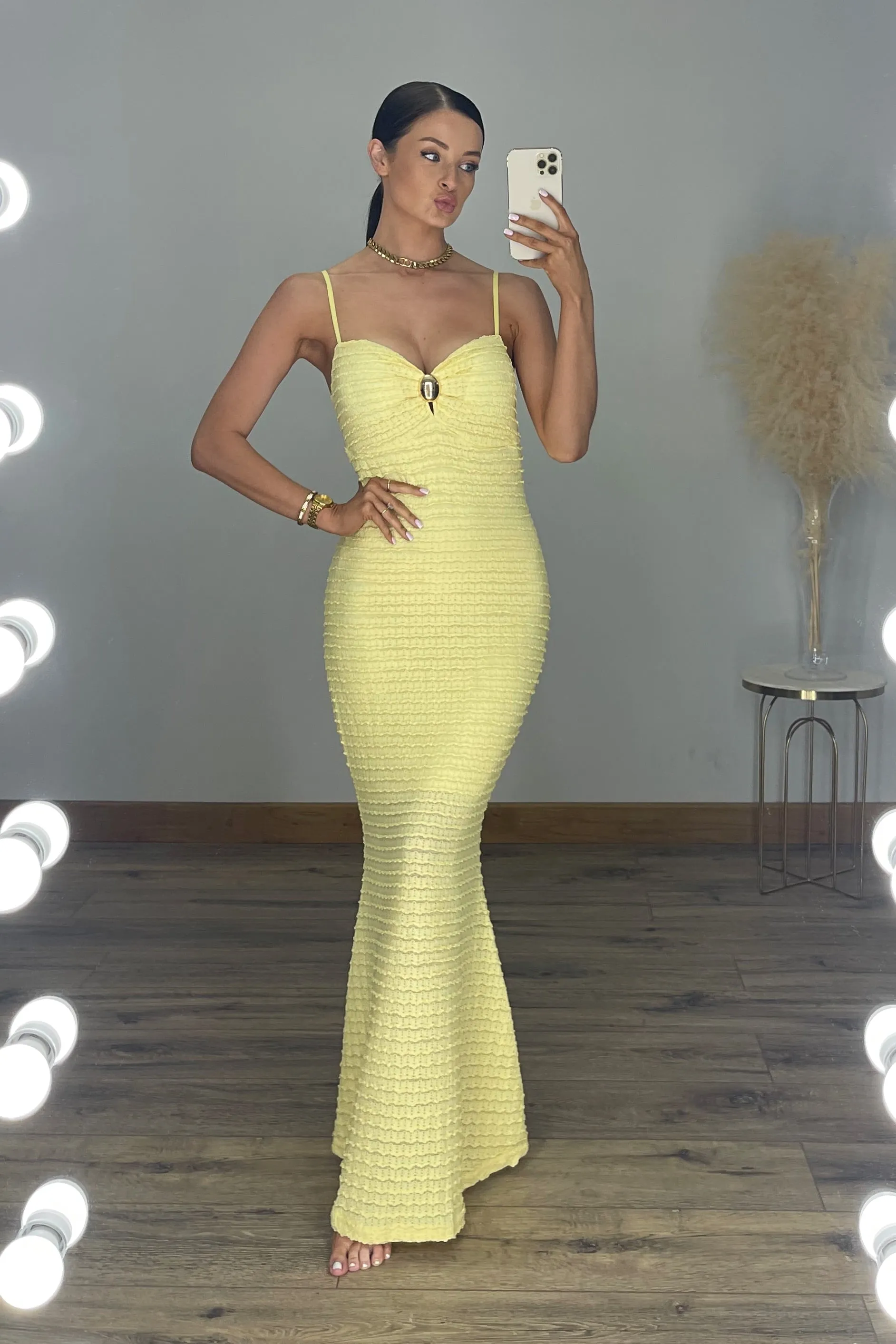 EVIE Textured Stretchy Fitted Bodycon Maxi Dress in Lemon sold by Talliah Rose UK