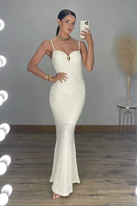 EVIE Textured Stretchy Fitted Bodycon Maxi Dress in Cream sold by Talliah Rose UK