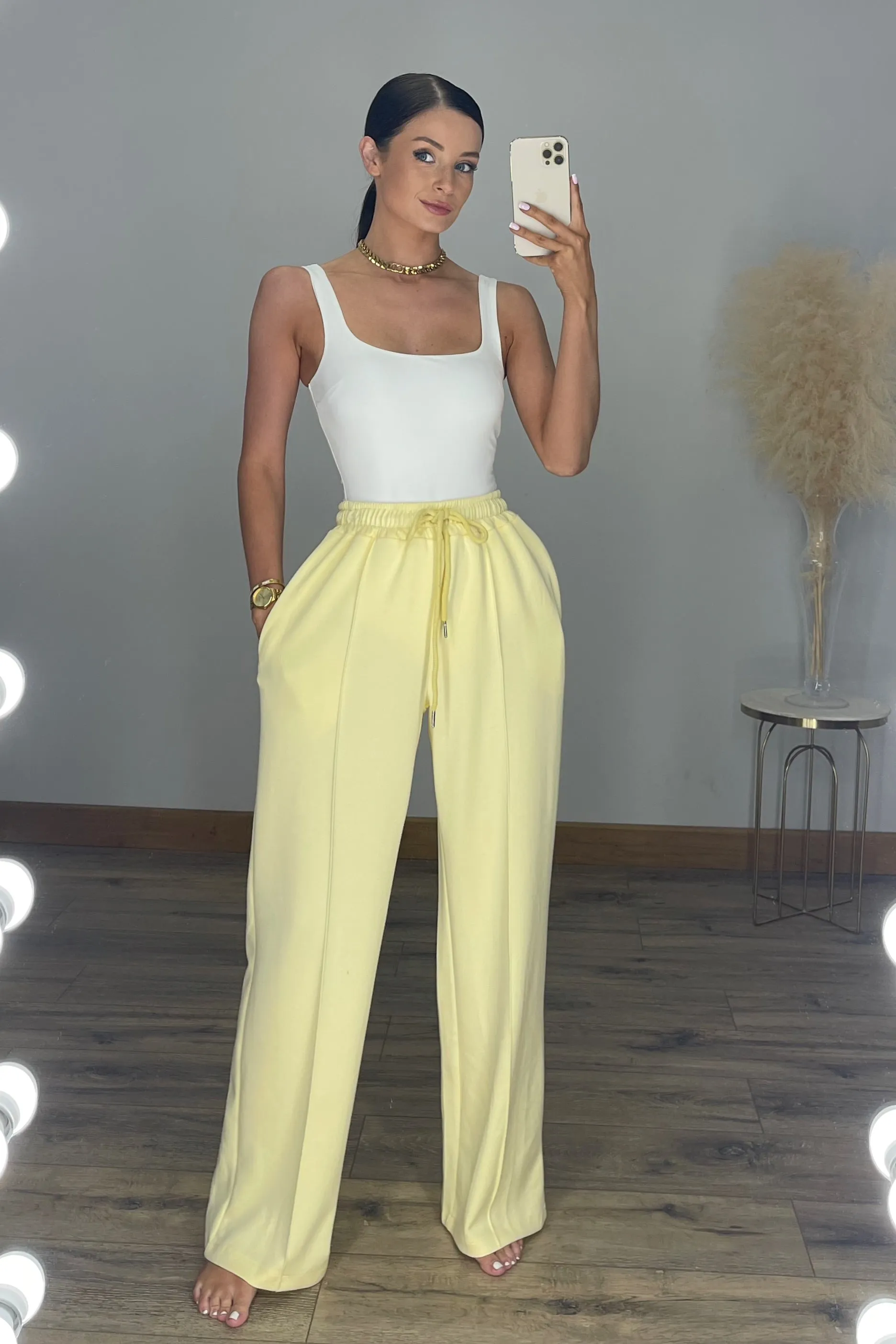 SKYE Buttery Soft Pin-Tuck Wide Leg Joggers in Lemon sold by Talliah Rose UK