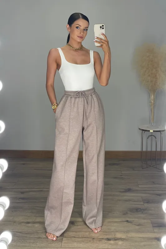 SKYE Buttery Soft Pin-Tuck Wide Leg Joggers in Mocha sold by Talliah Rose UK