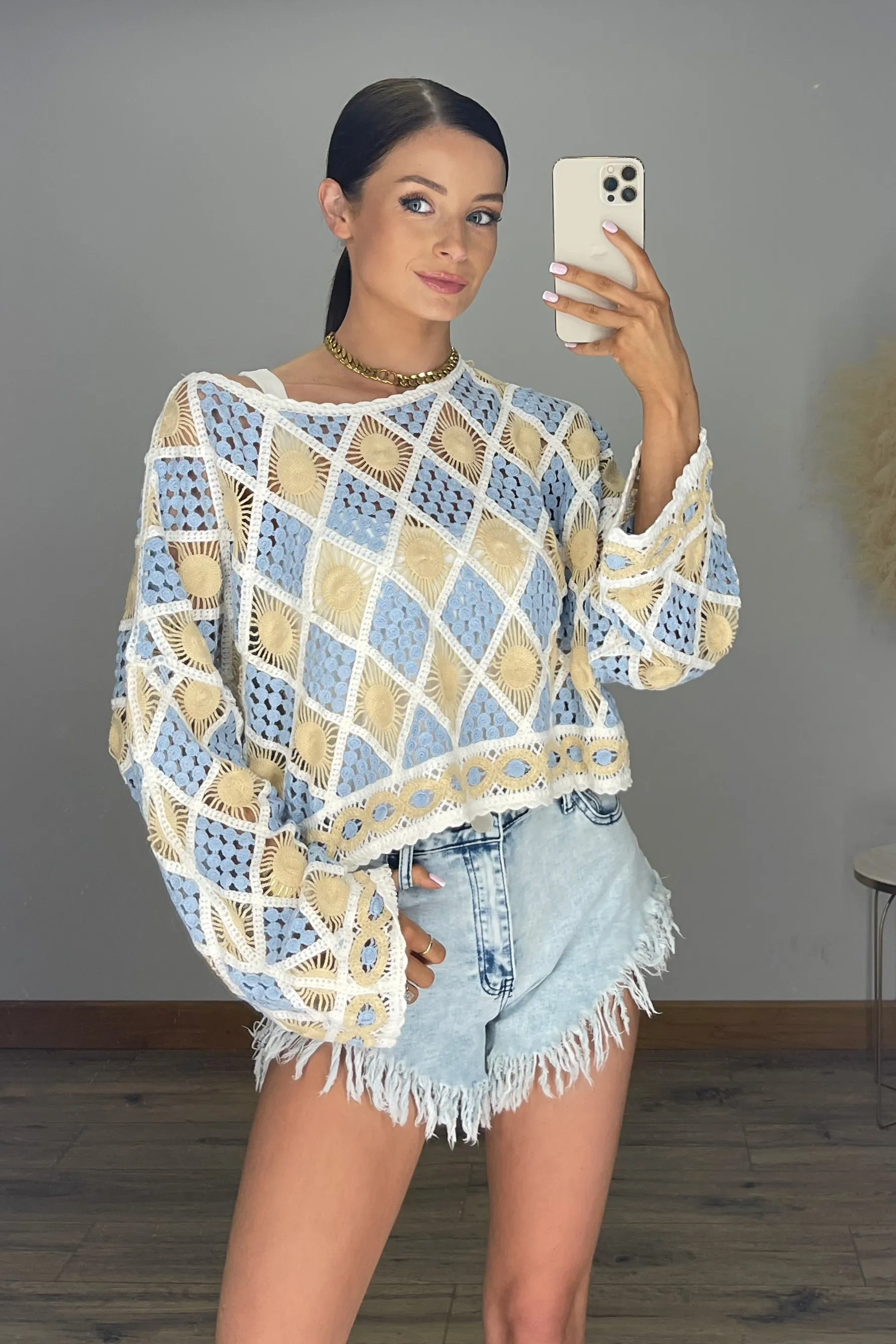 KITTY Premium Slouchy Crochet Top in Blue sold by Talliah Rose UK