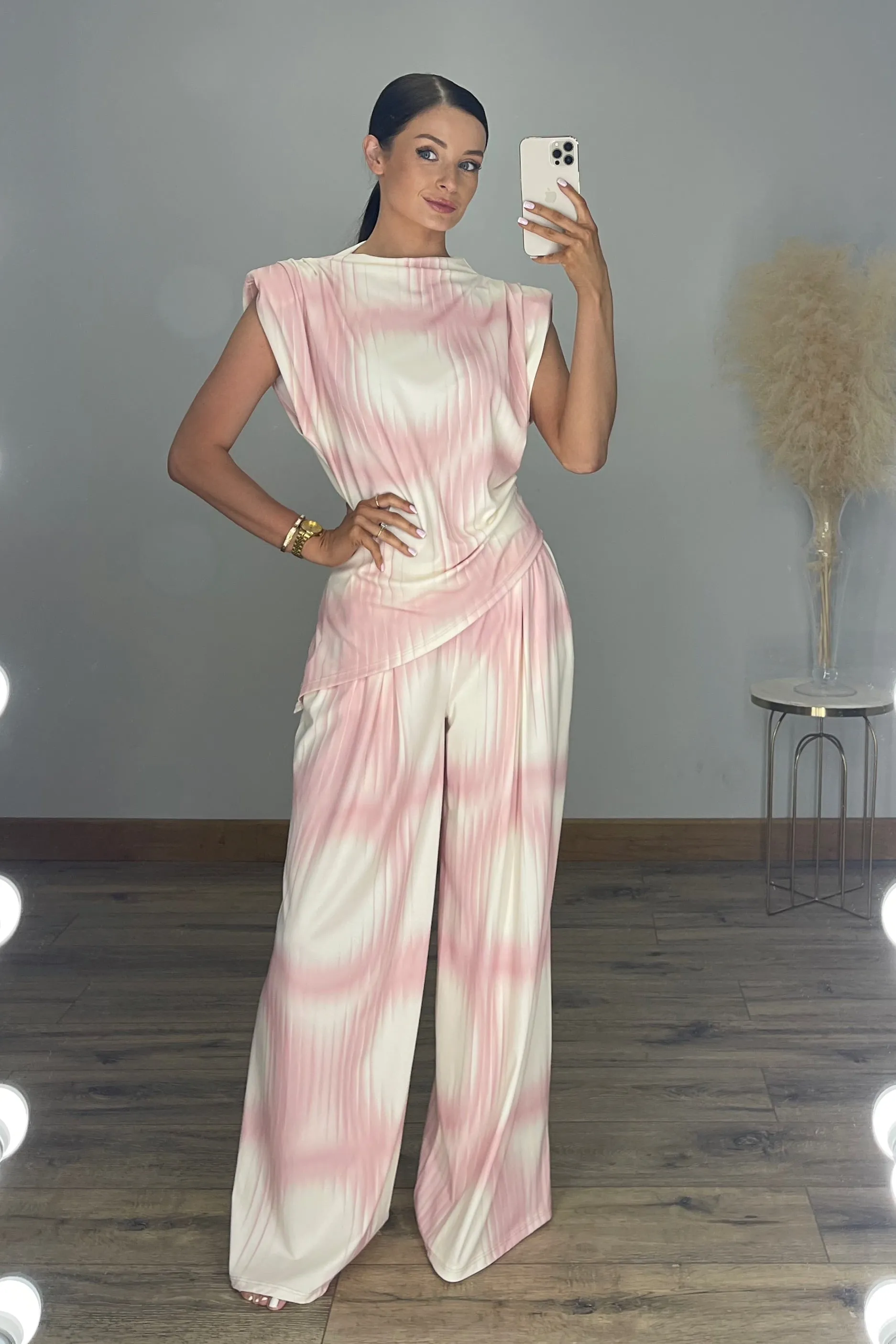 GRACE Water Colour Asymmetric Wide Leg Co Ord in Blush Pink sold by Talliah Rose UK