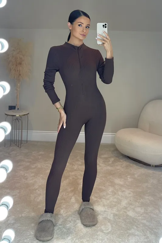 The FREYA Ribbed Jumpsuit - Chocolate sold by Talliah Rose UK