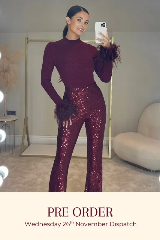 The HOLLIE Sequin Flared Trousers | Dark Cherry sold by Talliah Rose UK