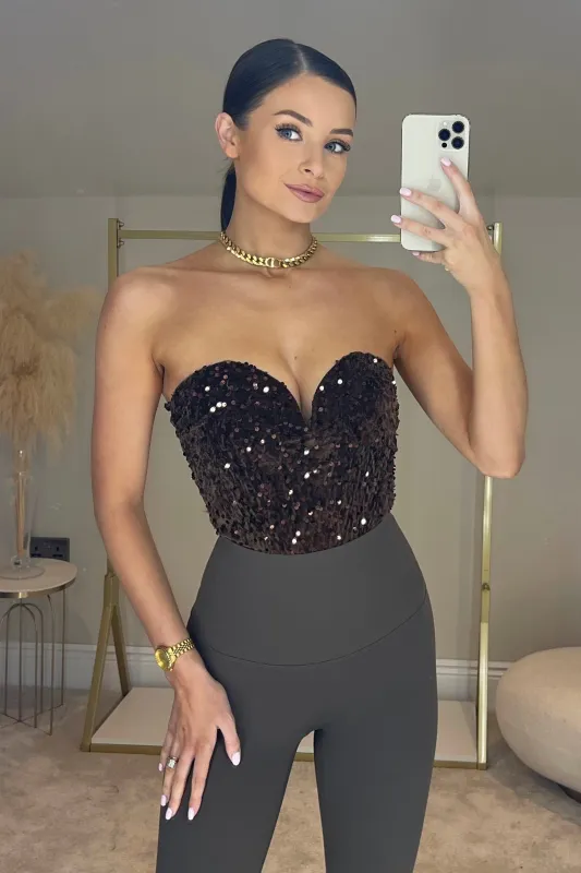 The NALA Velvet Sequin Bodysuit | Chocolate sold by Talliah Rose UK