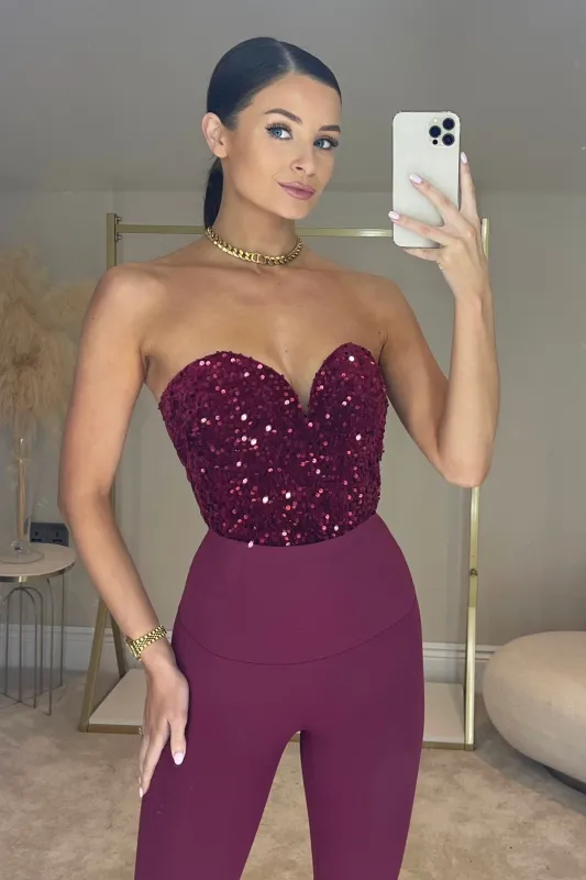 The NALA Velvet Sequin Bodysuit | Dark Cherry sold by Talliah Rose UK