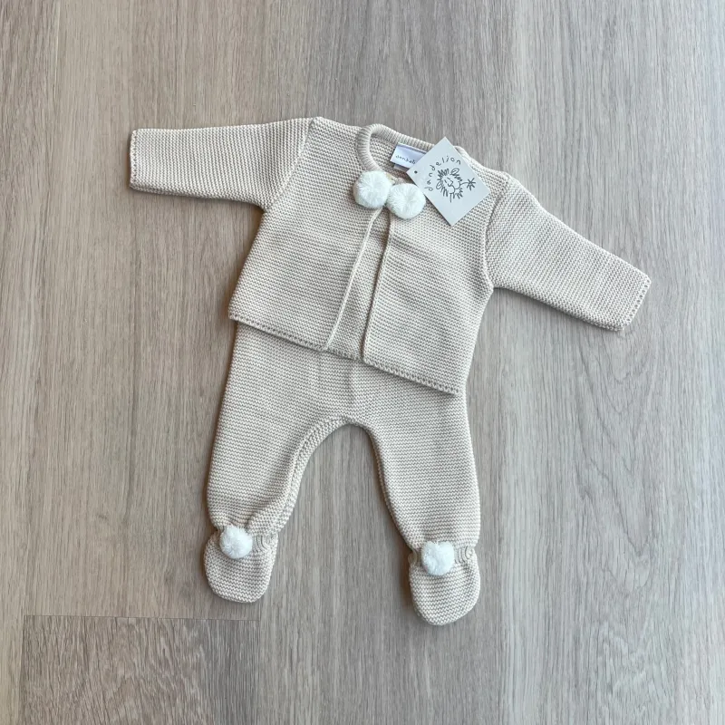 NOA Pom Pom Knitted Cardigan & Trouser Set in Beige sold by Talliah Rose UK