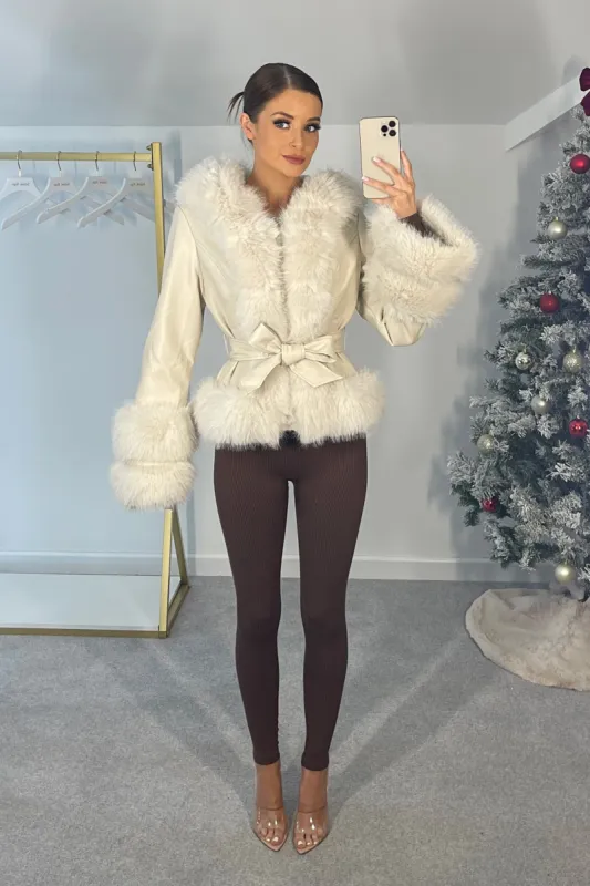ROSE Cream Faux Fur / Vegan Leather Belted Jacket sold by Talliah Rose UK