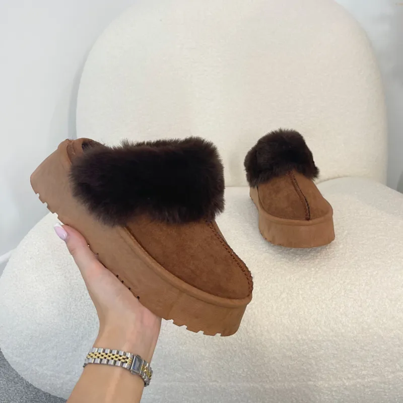 OLIVIA Chocolate Chunky Platform Faux Fur Slippers (Size Up) sold by Talliah Rose UK