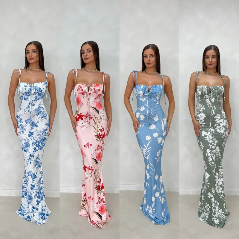 TIA Green Floral Milkmaid Sculpting Maxi Dress sold by Talliah Rose UK