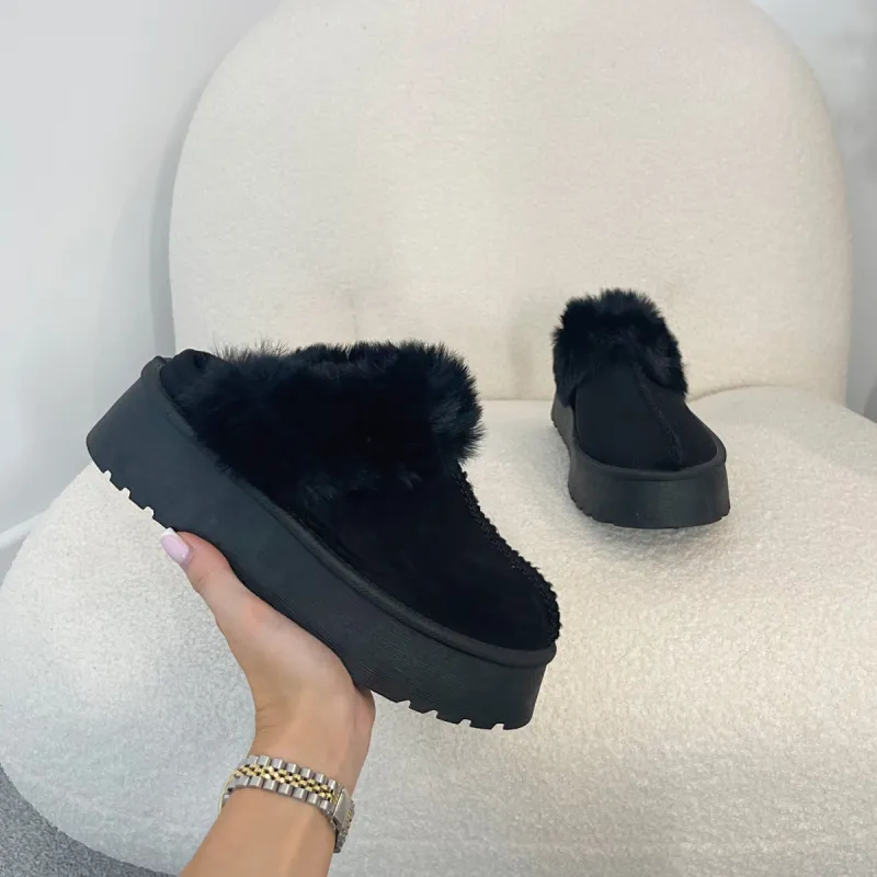 OLIVIA Black Chunky Platform Faux Fur Slippers (Size Up) sold by Talliah Rose UK