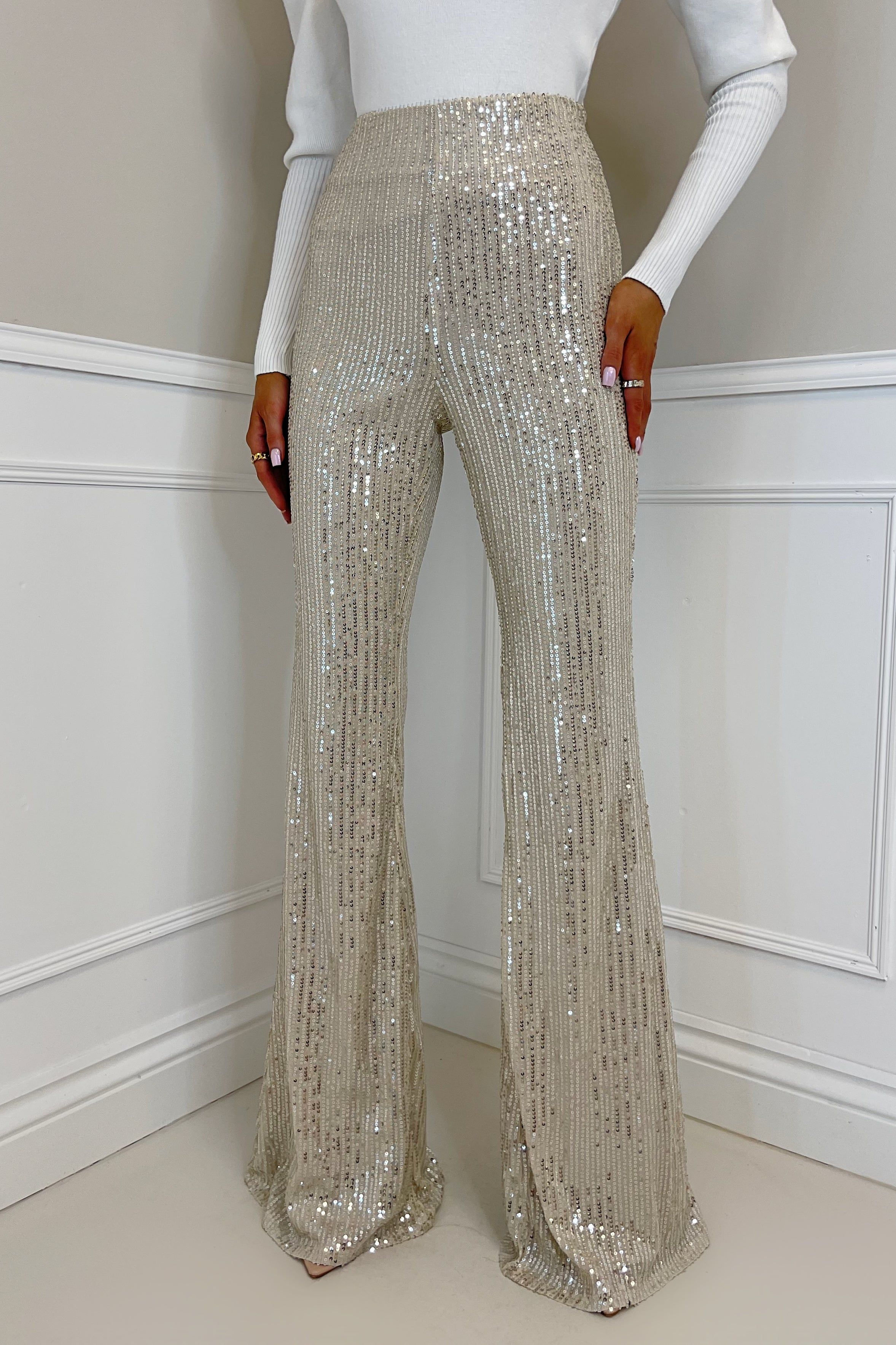 PERI Champagne High Waisted Sequin Flared Trousers sold by Talliah Rose UK product image thumbnail 2