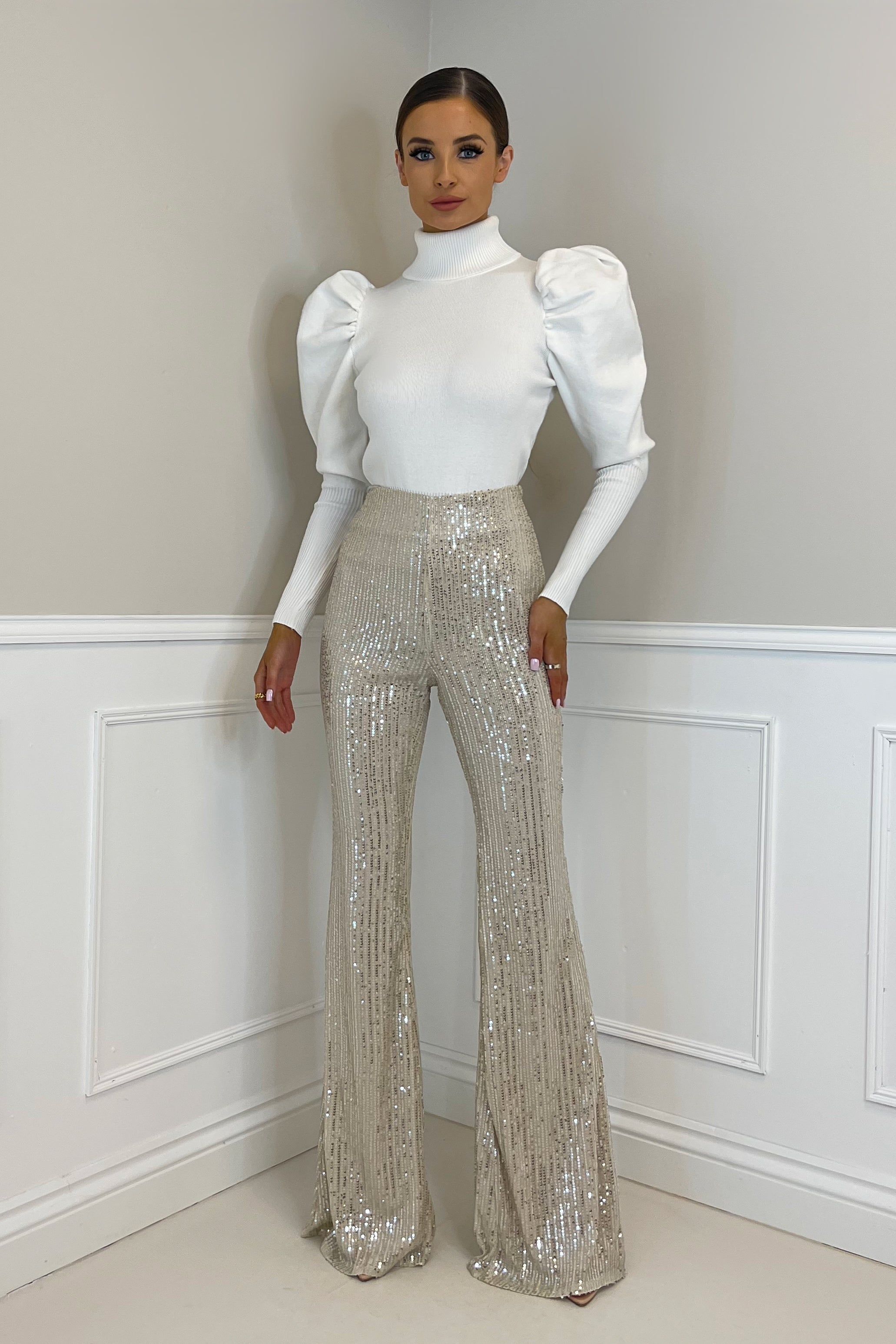 PERI Champagne High Waisted Sequin Flared Trousers sold by Talliah Rose UK