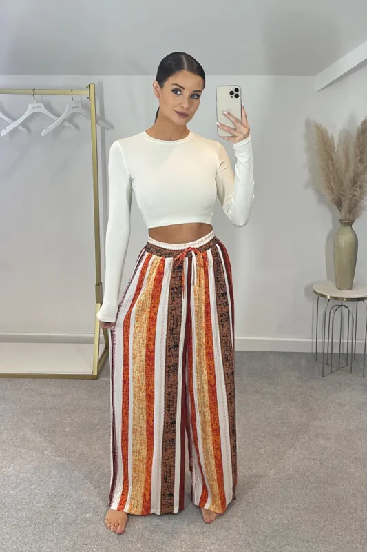 LEXI Striped High Waist & Wide Leg Trousers (Orange/Choc) sold by Talliah Rose UK