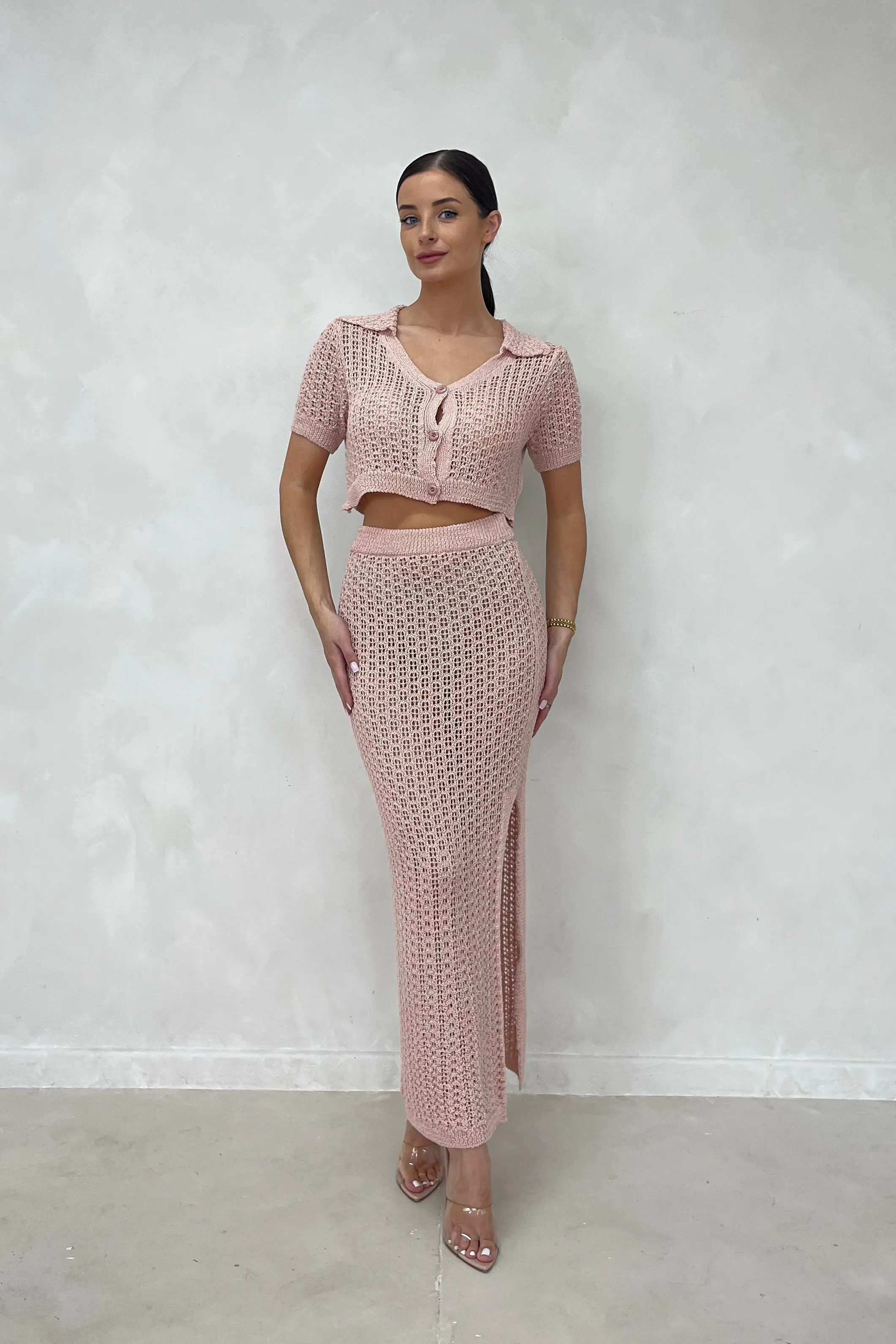 LIZA Blush Pink Knitted Crochet Maxi Co Ord sold by Talliah Rose UK