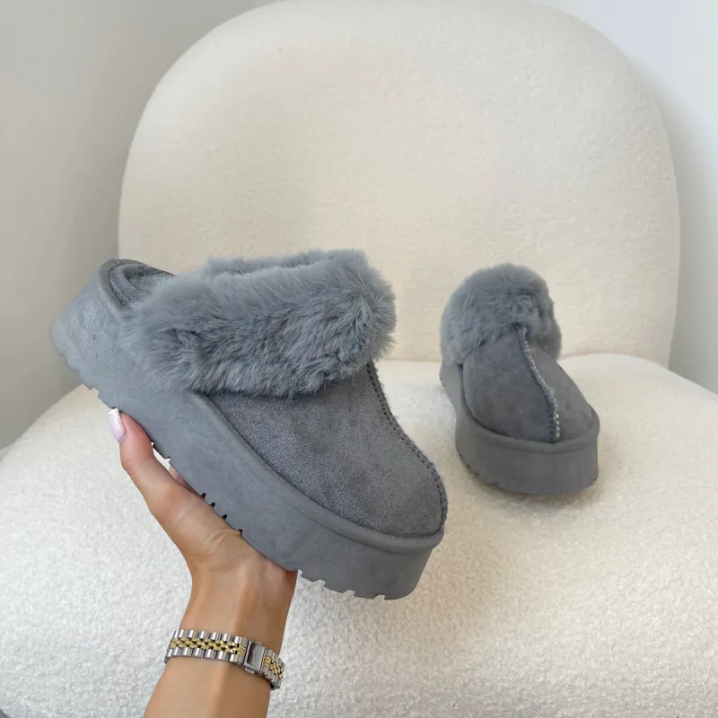 OLIVIA Slate Grey Chunky Platform Faux Fur Slippers (Size Up) sold by Talliah Rose UK
