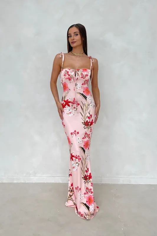 TIA Pink Floral Milkmaid Sculpting Maxi Dress sold by Talliah Rose UK