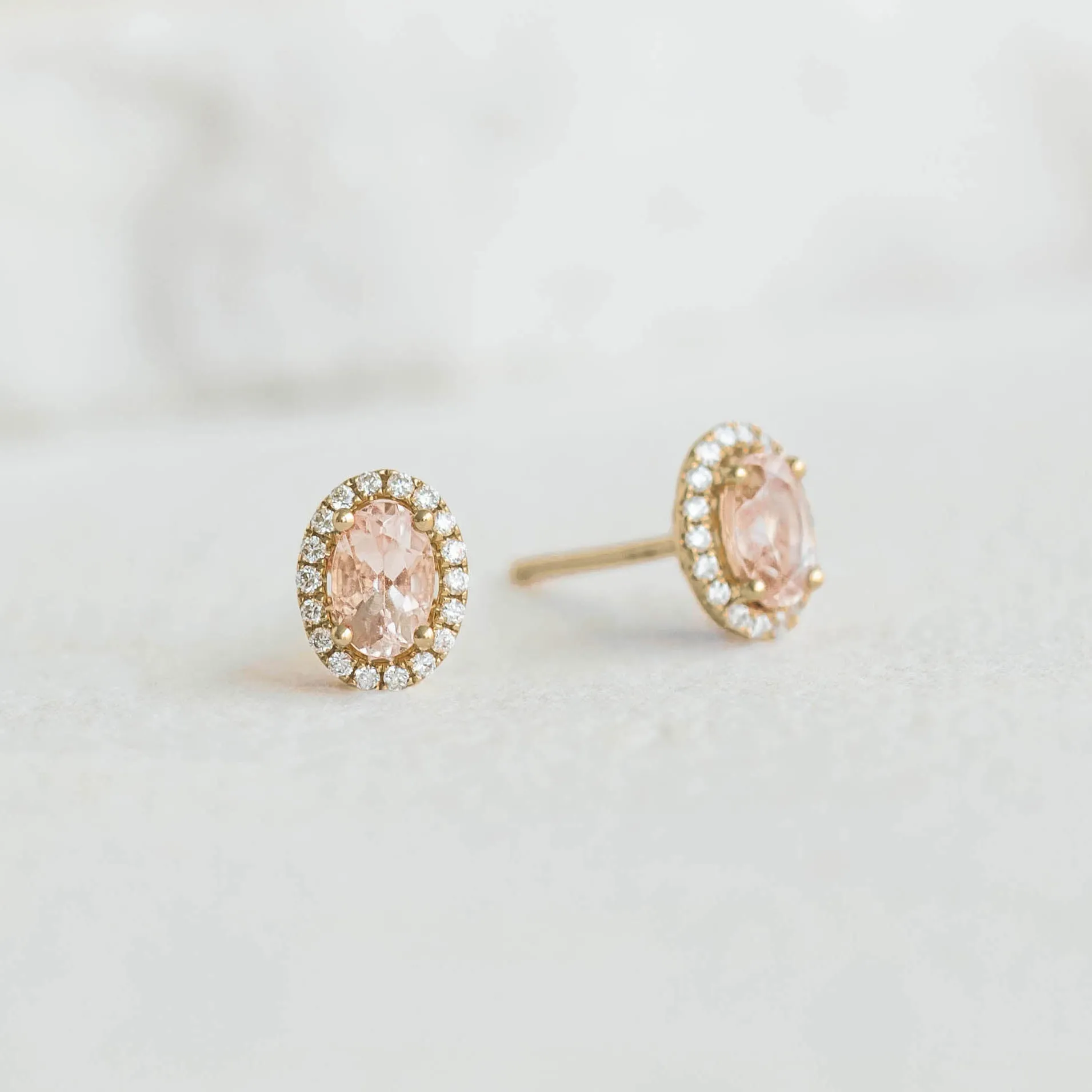 Morganite Halo Stud Earrings 14k Gold - Marzia sold by Linjer