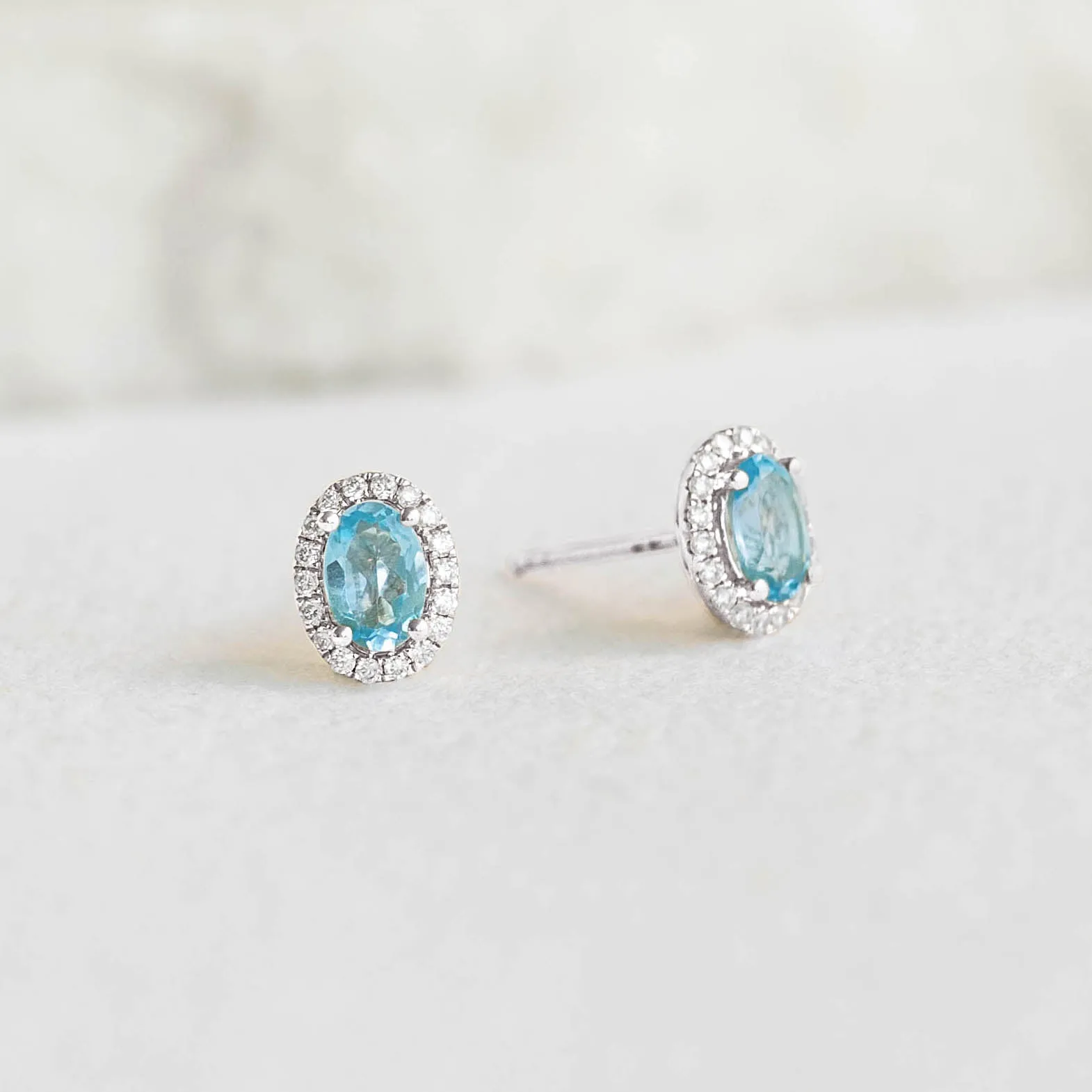 Swiss Blue Topaz Halo Stud Earrings White Gold - Marzia sold by Linjer