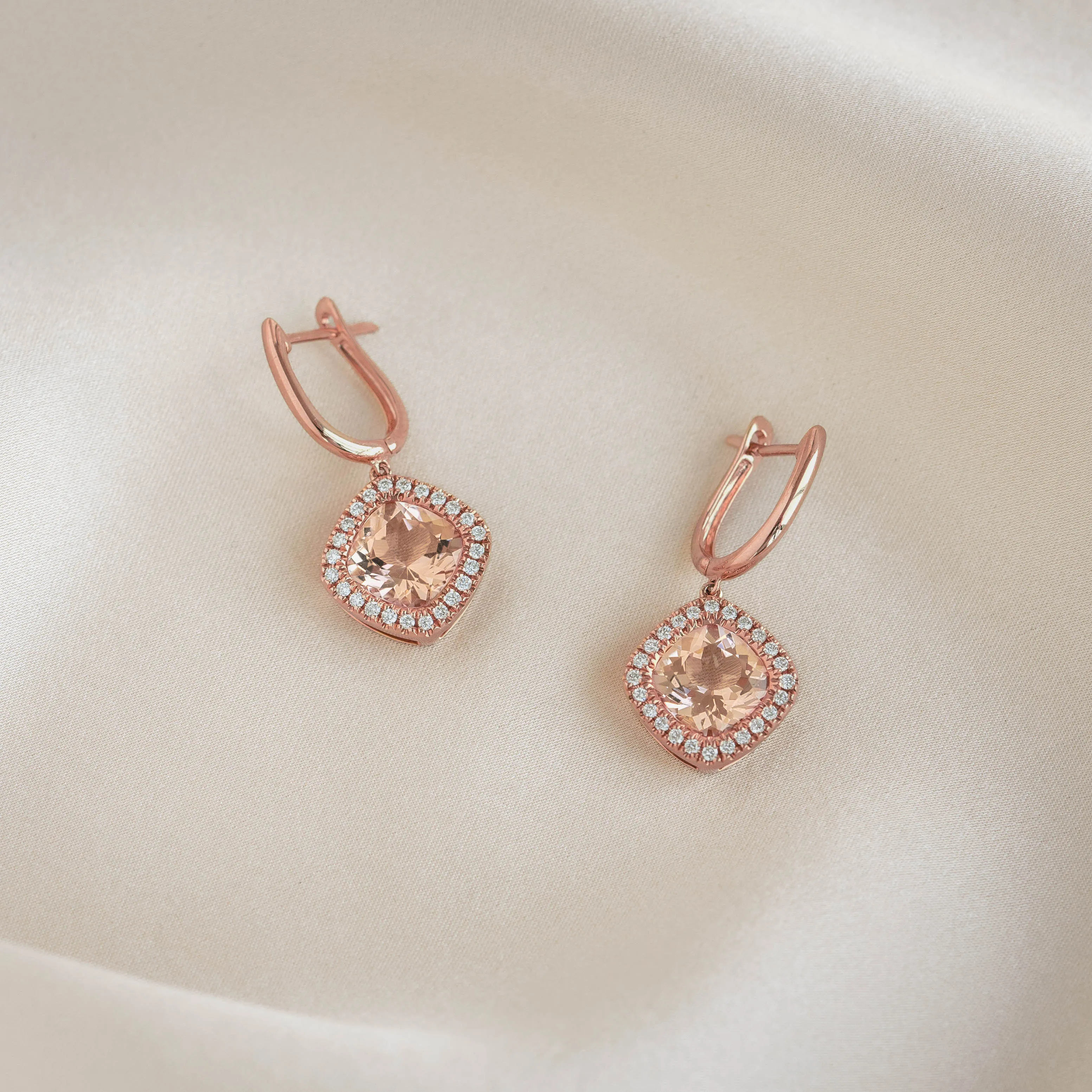 Morganite and Diamond Halo Drop Earrings Rose Gold - Elvira sold by Linjer product image thumbnail 3