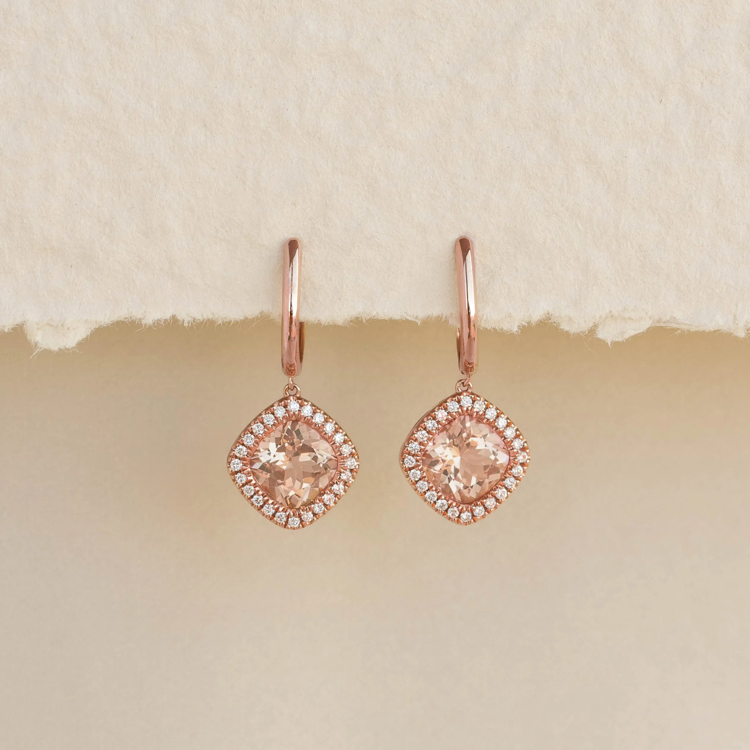 Morganite and Diamond Halo Drop Earrings Rose Gold - Elvira sold by Linjer product image thumbnail 2