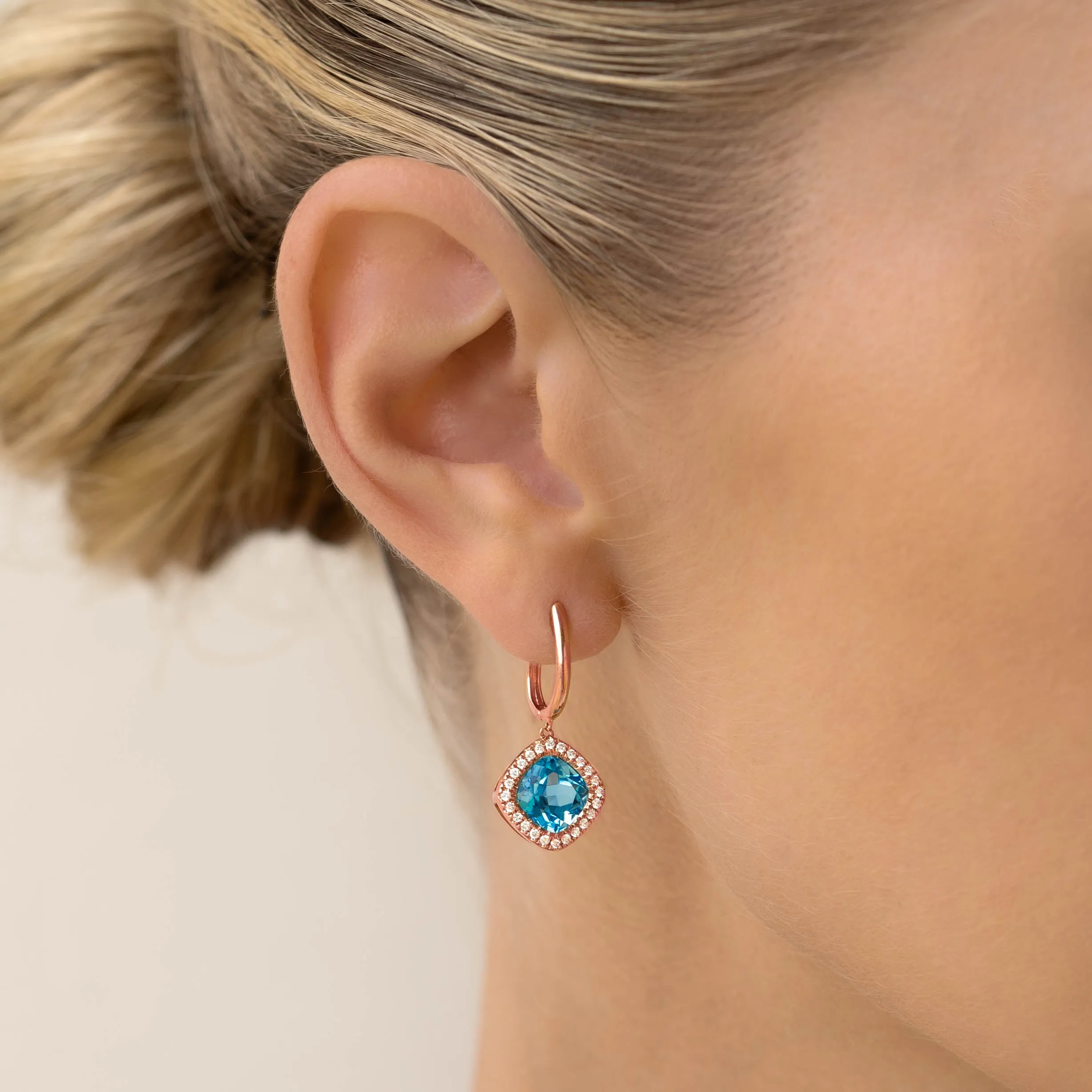 Swiss Blue Topaz and Diamond Halo Drop Earrings Rose Gold - Elvira sold by Linjer
