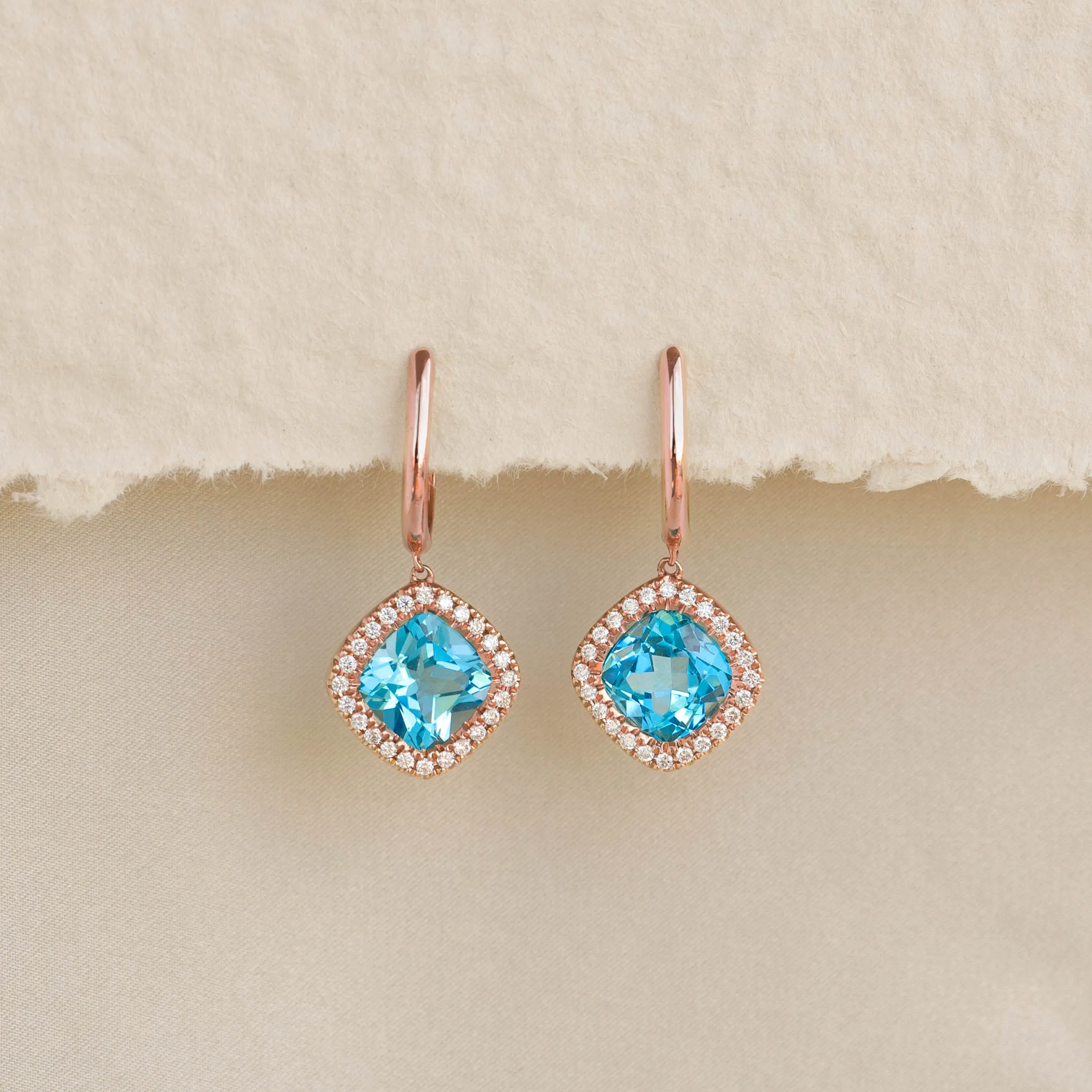 Swiss Blue Topaz and Diamond Halo Drop Earrings Rose Gold - Elvira sold by Linjer product image thumbnail 2