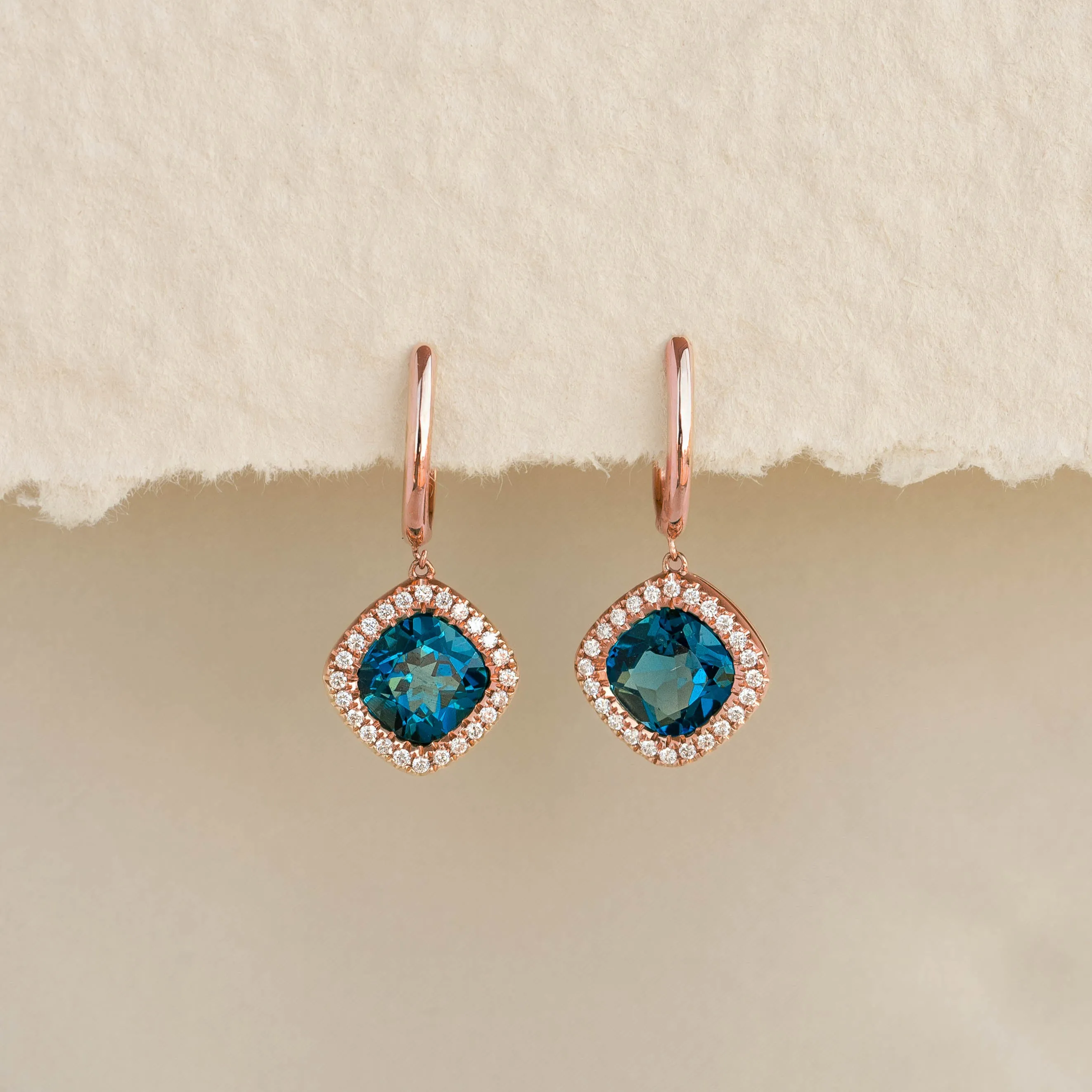 London Blue Topaz and Diamond Halo Drop Earrings Rose Gold - Elvira sold by Linjer product image thumbnail 2