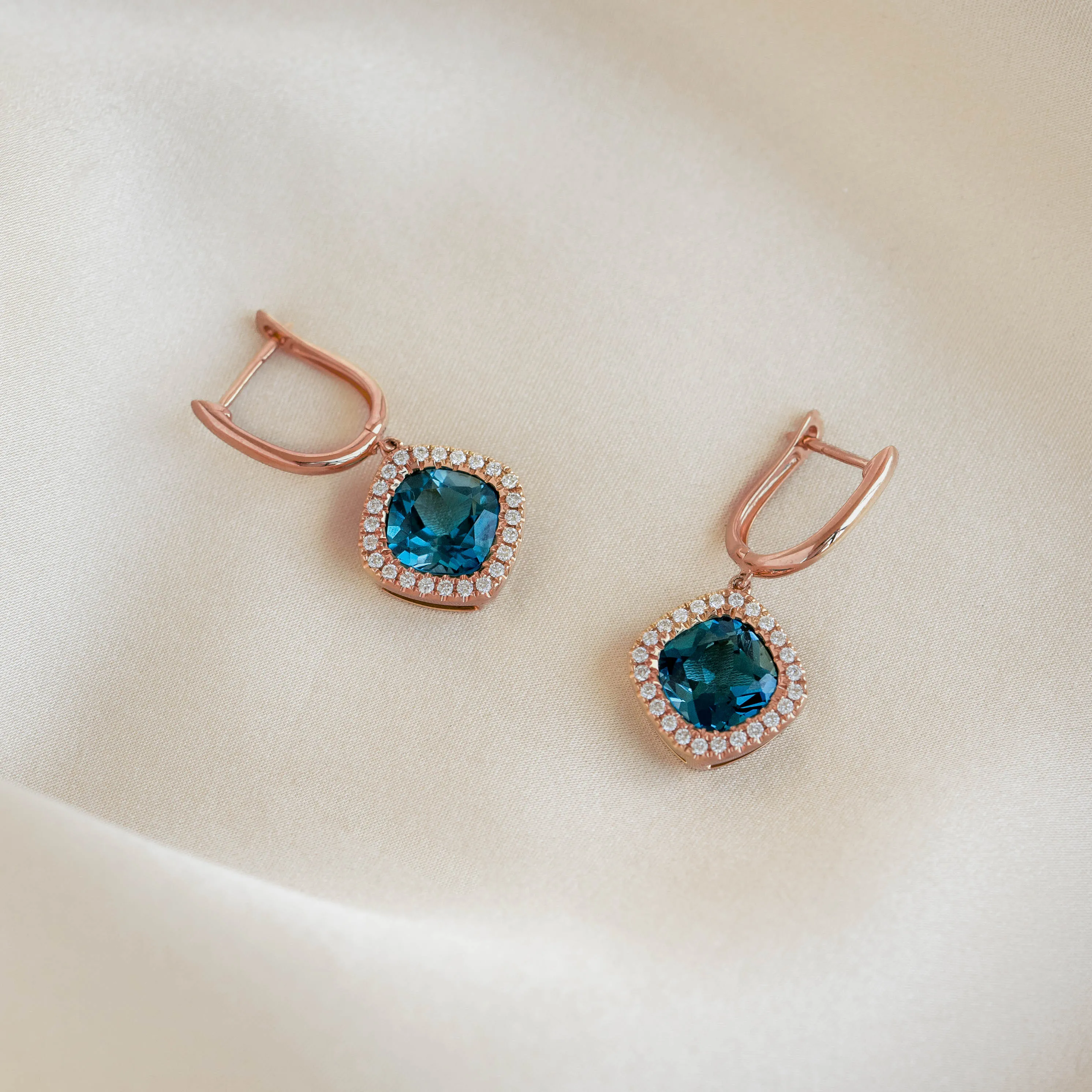 London Blue Topaz and Diamond Halo Drop Earrings Rose Gold - Elvira sold by Linjer product image thumbnail 3