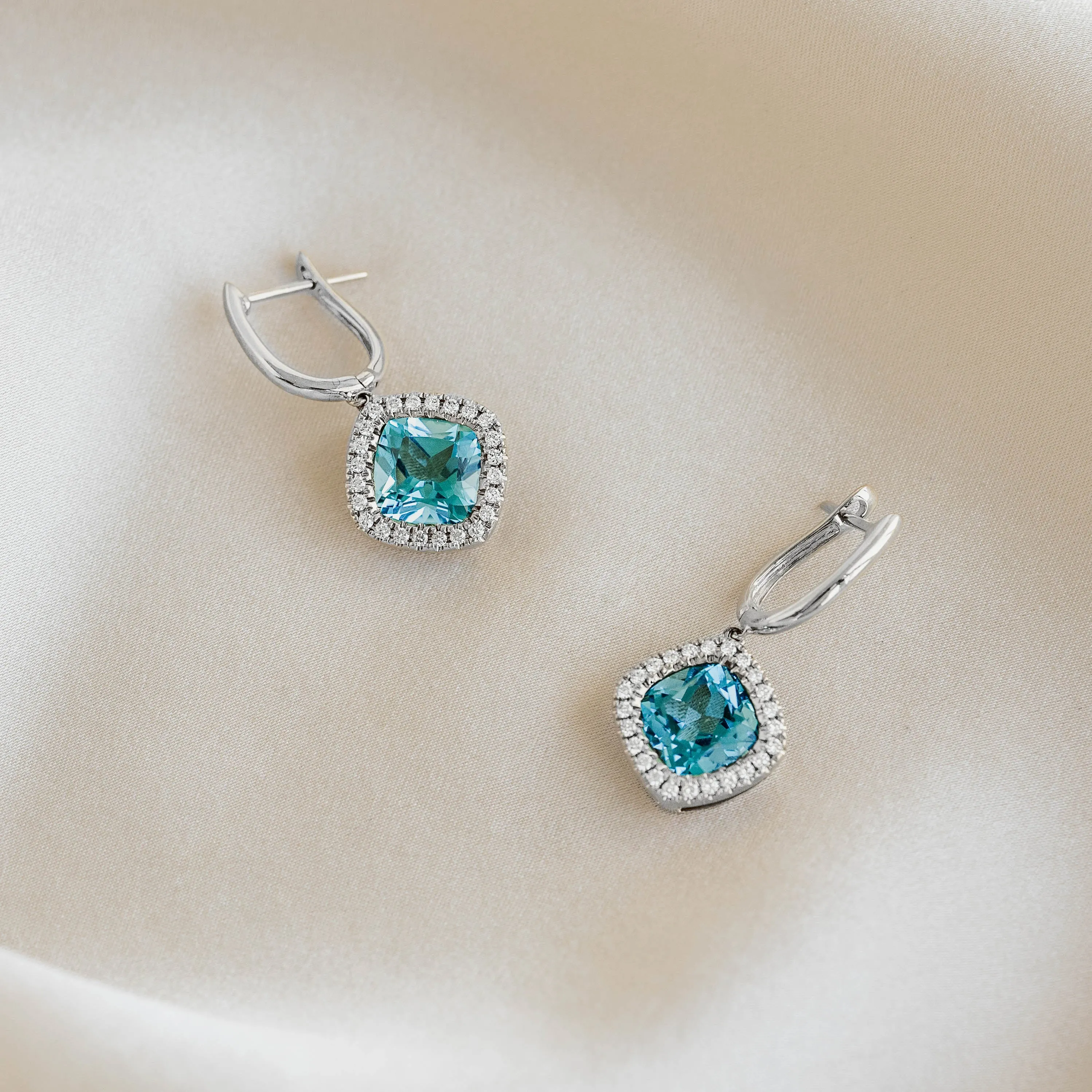 Swiss Blue Topaz and Diamond Halo Drop Earrings White Gold - Elvira sold by Linjer product image thumbnail 3