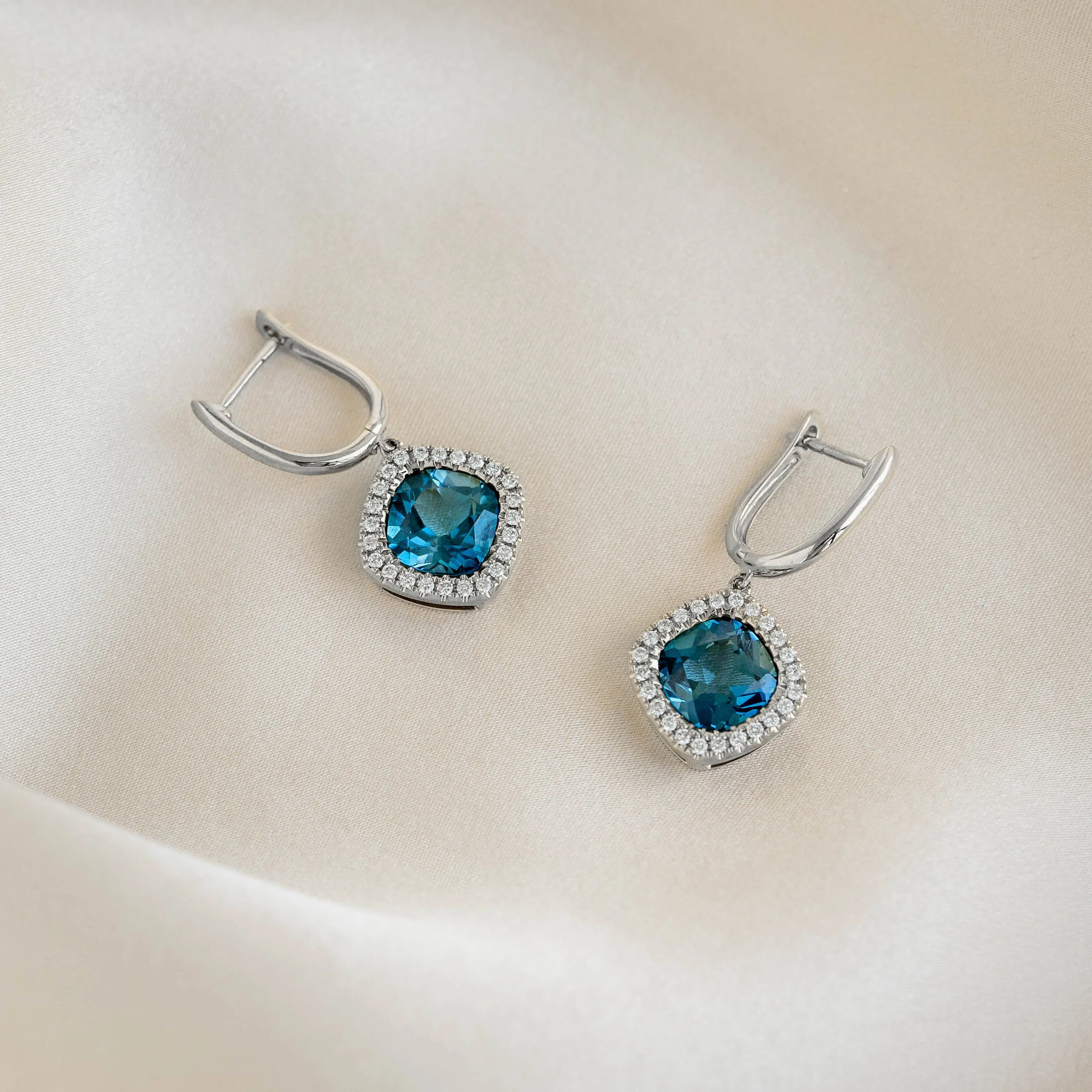 London Blue Topaz and Diamond Halo Drop Earrings White Gold - Elvira sold by Linjer product image thumbnail 3