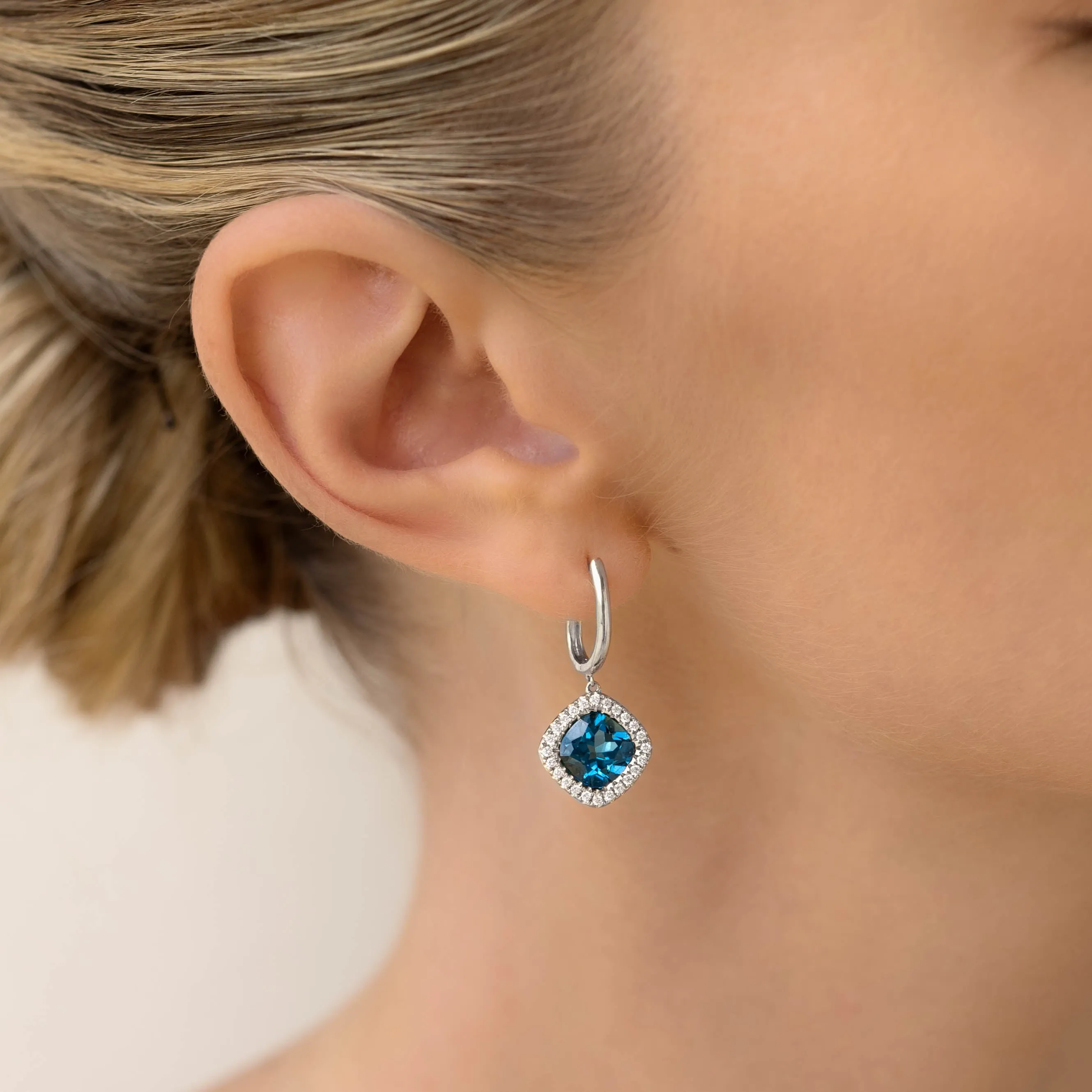 London Blue Topaz and Diamond Halo Drop Earrings White Gold - Elvira sold by Linjer