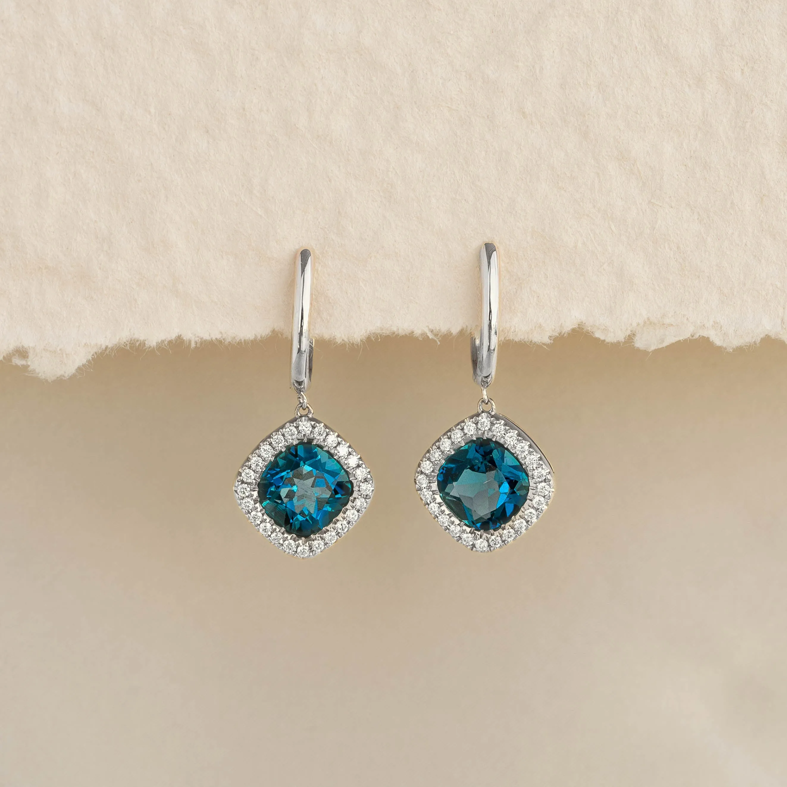 London Blue Topaz and Diamond Halo Drop Earrings White Gold - Elvira sold by Linjer product image thumbnail 2