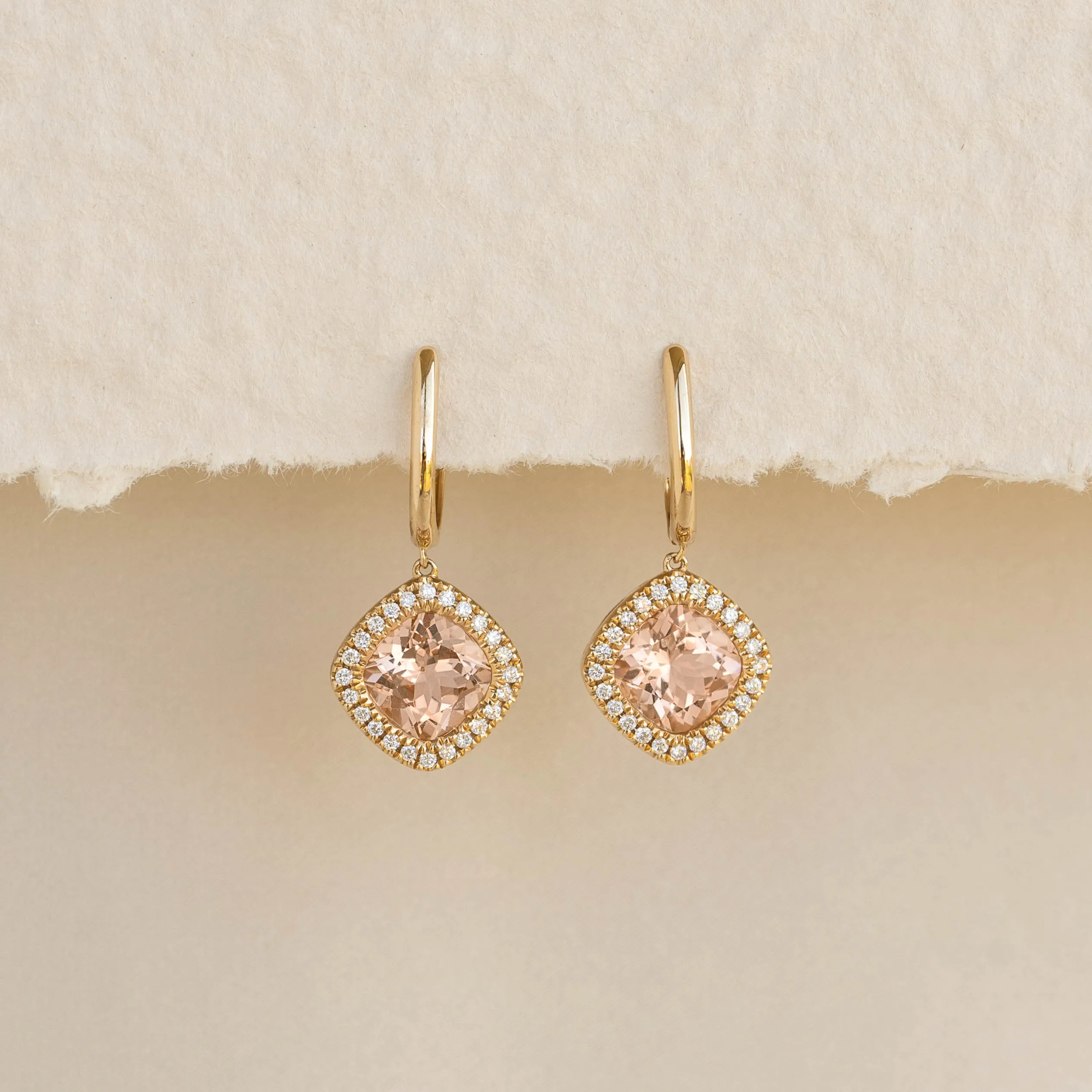 Morganite and Diamond Halo Drop Earrings 14k Gold - Elvira sold by Linjer product image thumbnail 2