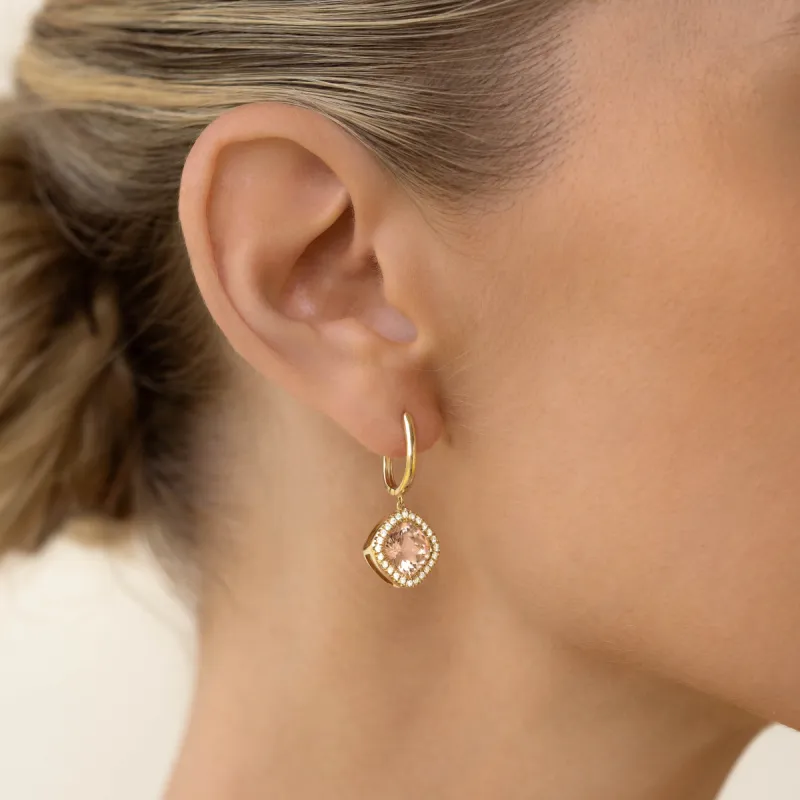 Morganite and Diamond Halo Drop Earrings 14k Gold - Elvira sold by Linjer