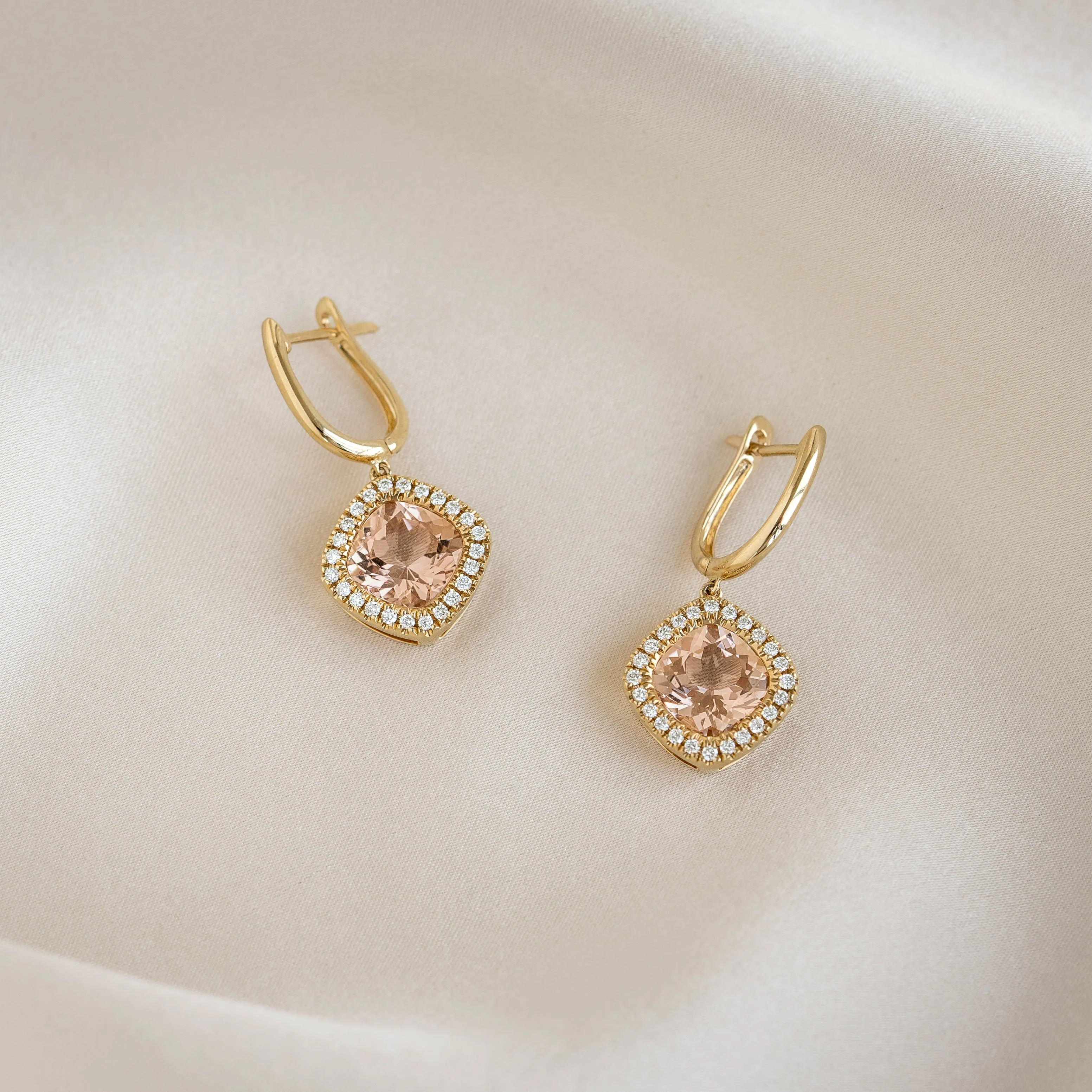Morganite and Diamond Halo Drop Earrings 14k Gold - Elvira sold by Linjer product image thumbnail 3
