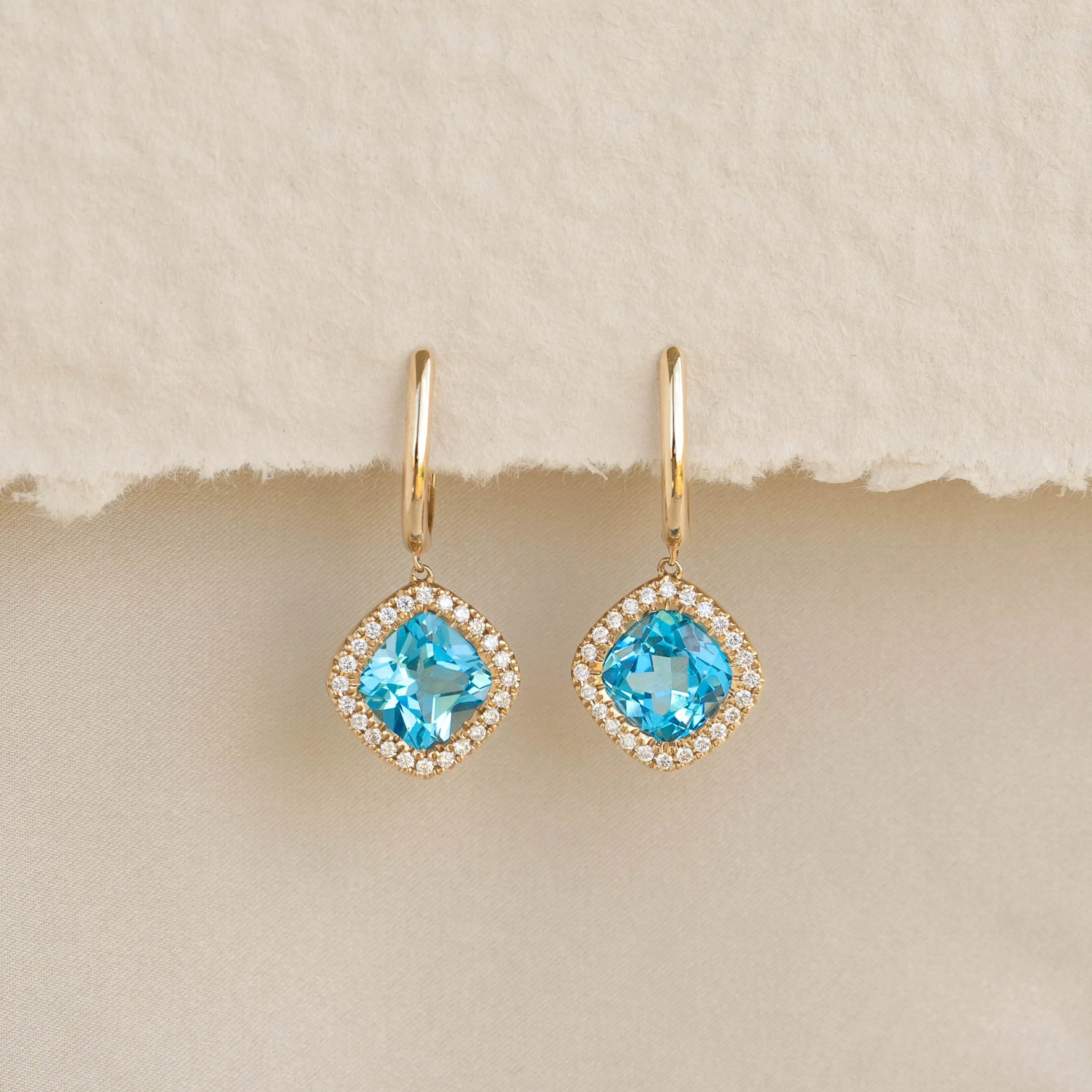 Swiss Blue Topaz and Diamond Halo Drop Earrings 14k Gold - Elvira sold by Linjer product image thumbnail 2