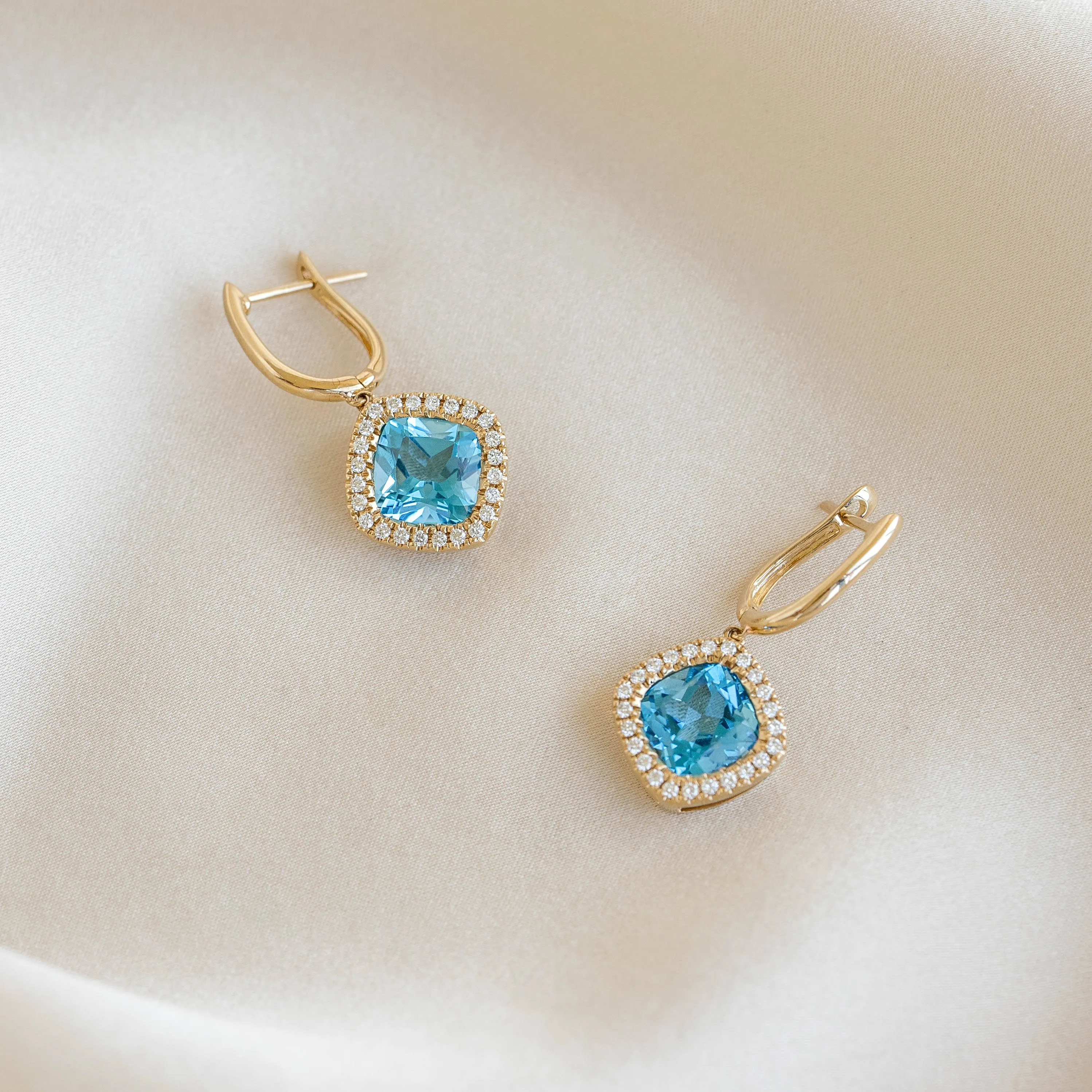 Swiss Blue Topaz and Diamond Halo Drop Earrings 14k Gold - Elvira sold by Linjer product image thumbnail 3