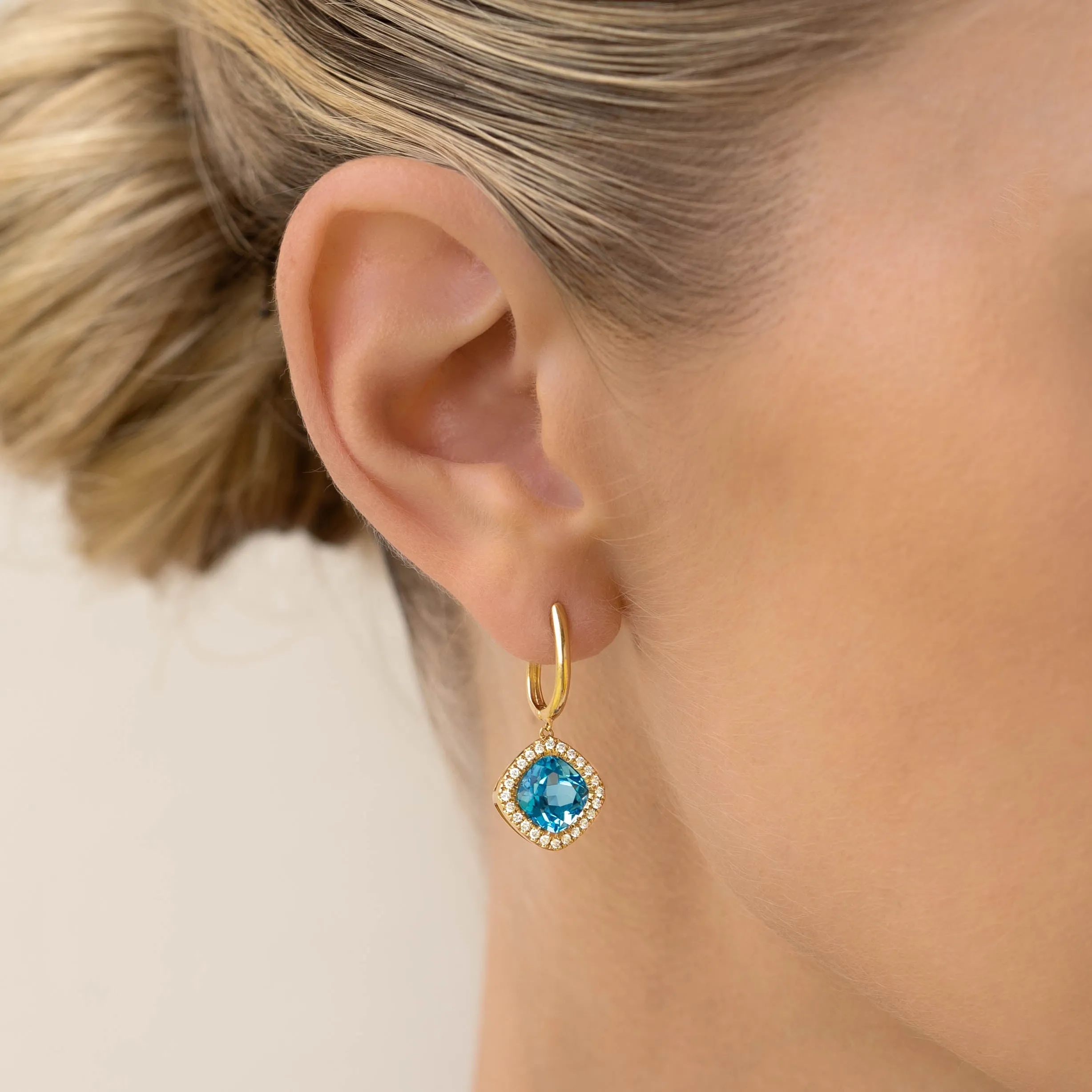 Swiss Blue Topaz and Diamond Halo Drop Earrings 14k Gold - Elvira sold by Linjer
