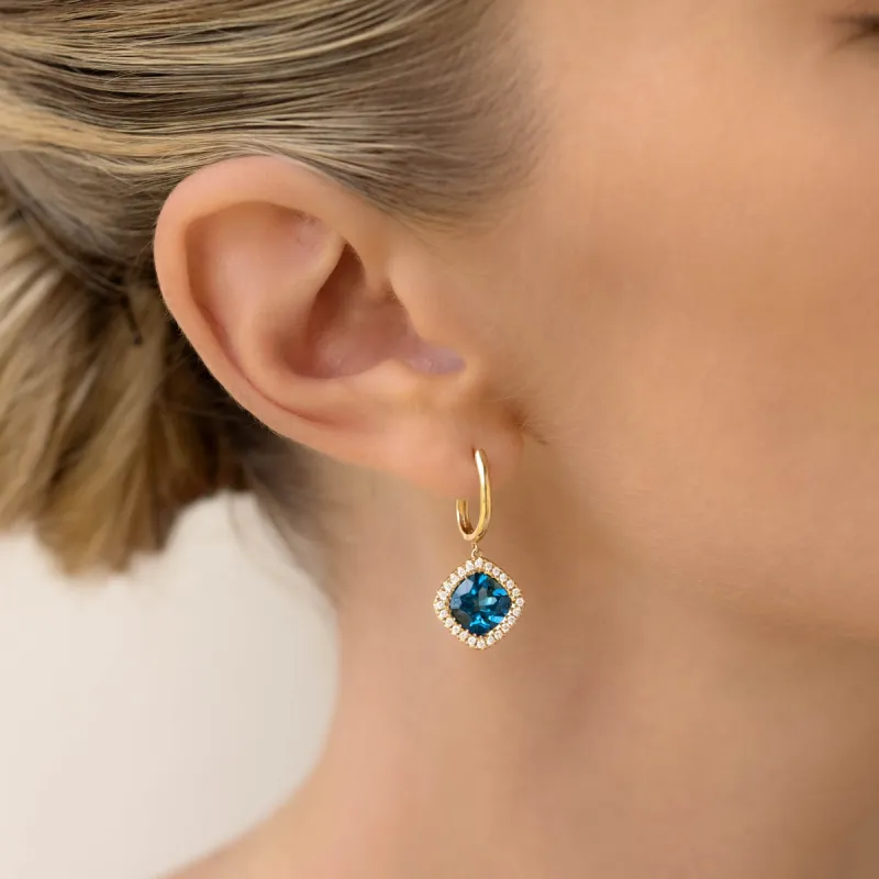 London Blue Topaz and Diamond Halo Drop Earrings 14k Gold - Elvira sold by Linjer