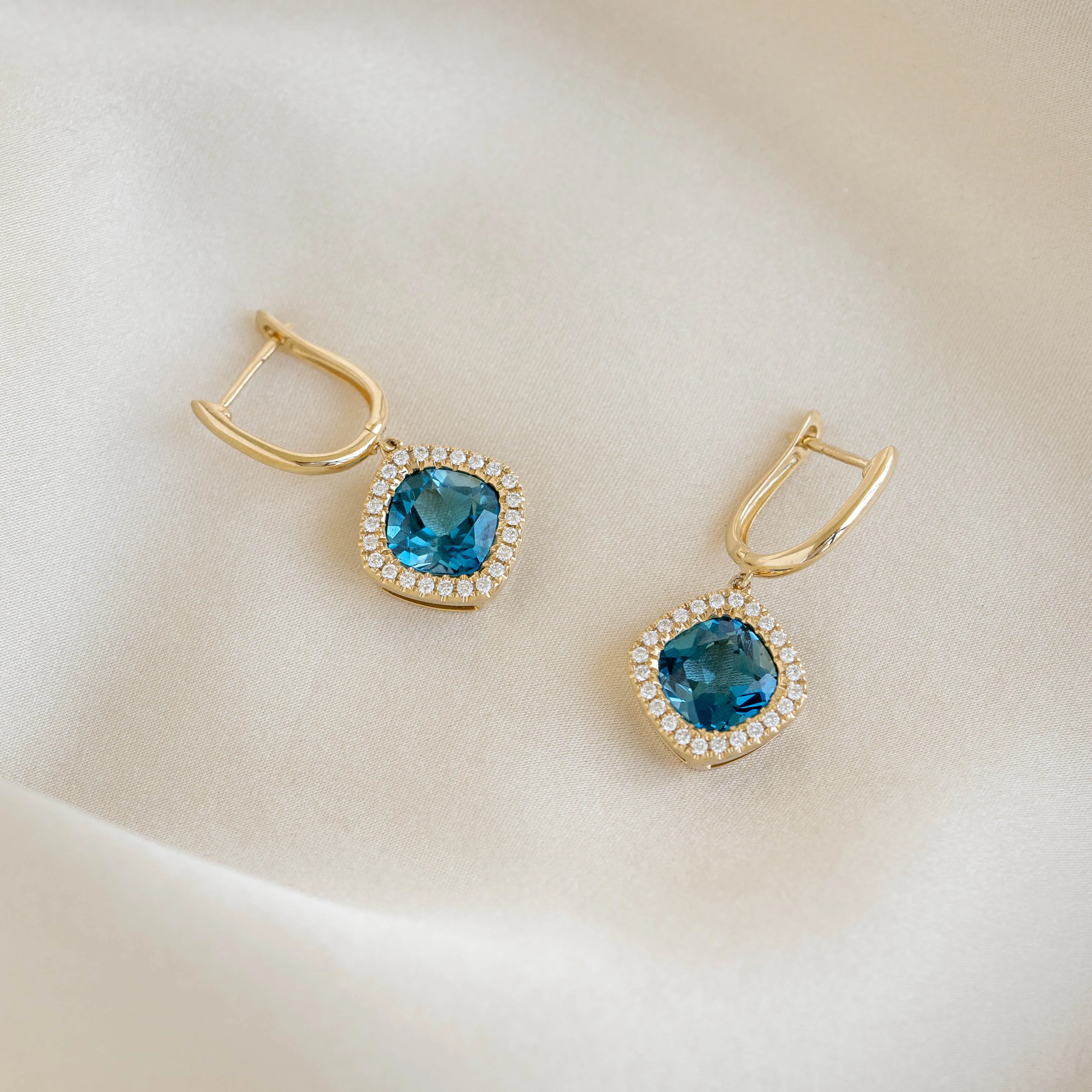 London Blue Topaz and Diamond Halo Drop Earrings 14k Gold - Elvira sold by Linjer product image thumbnail 3