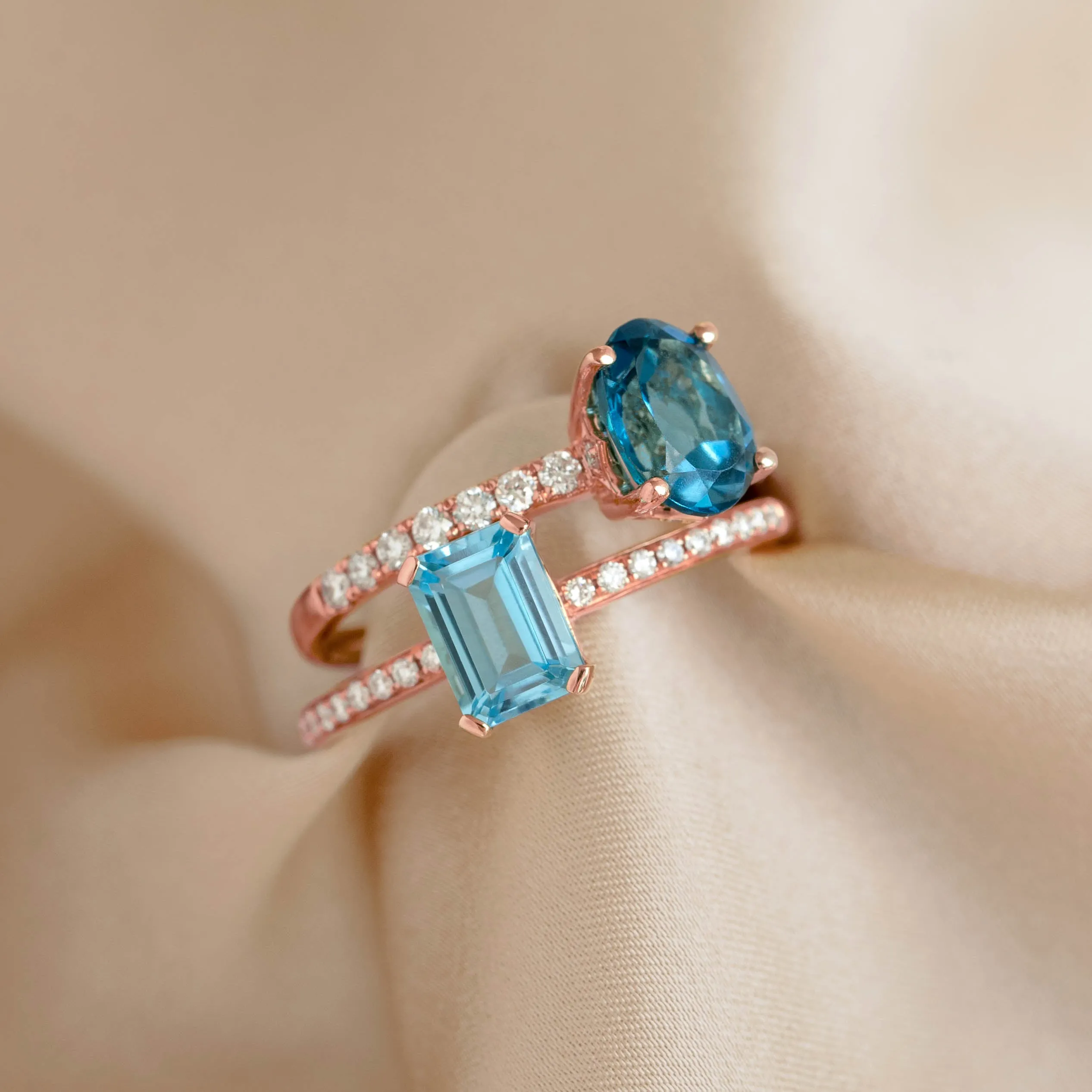 Baguette Swiss Blue Topaz and Diamond Ring Rose Gold - Safiya sold by Linjer product image thumbnail 4
