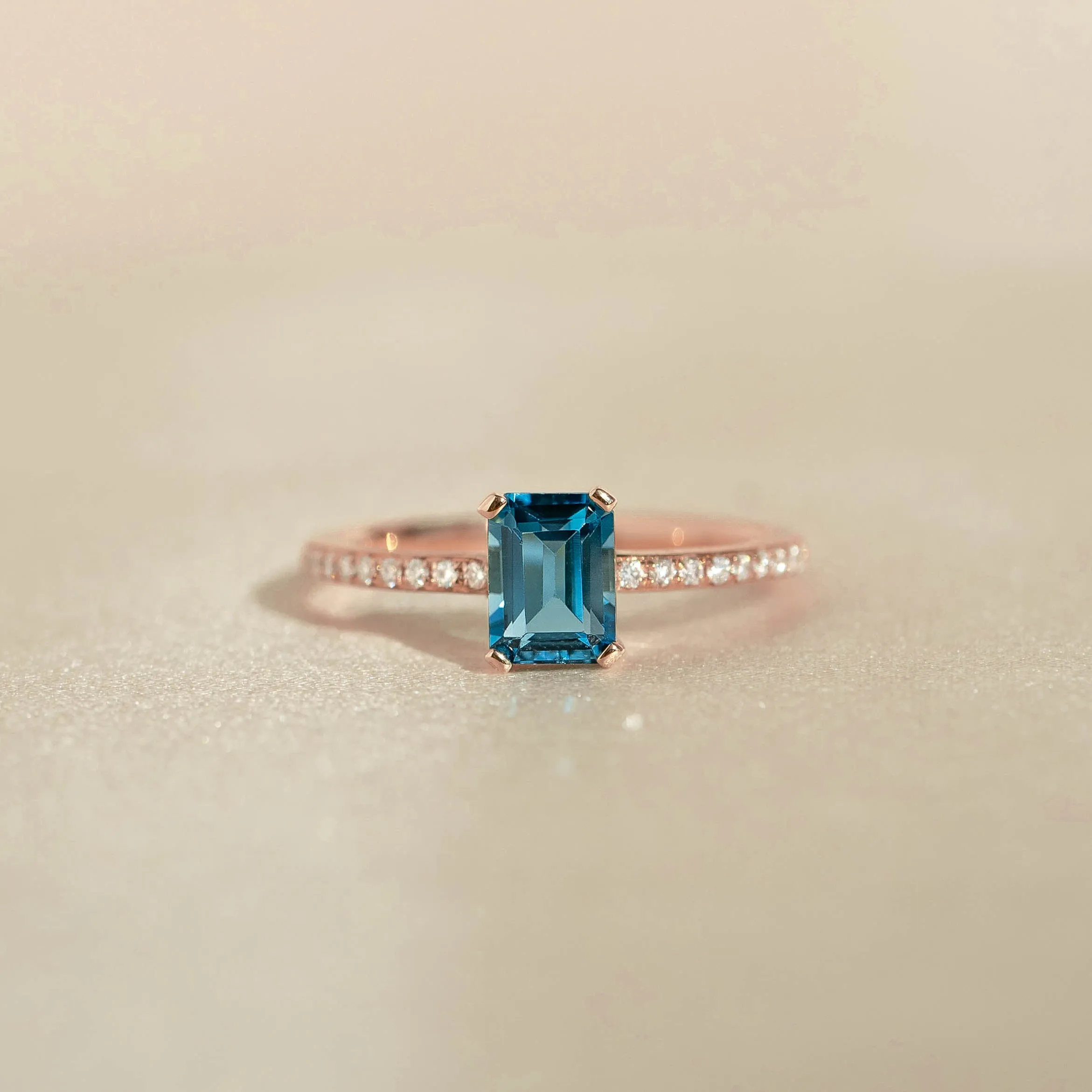 Baguette London Blue Topaz and Diamond Ring Rose Gold - Safiya sold by Linjer