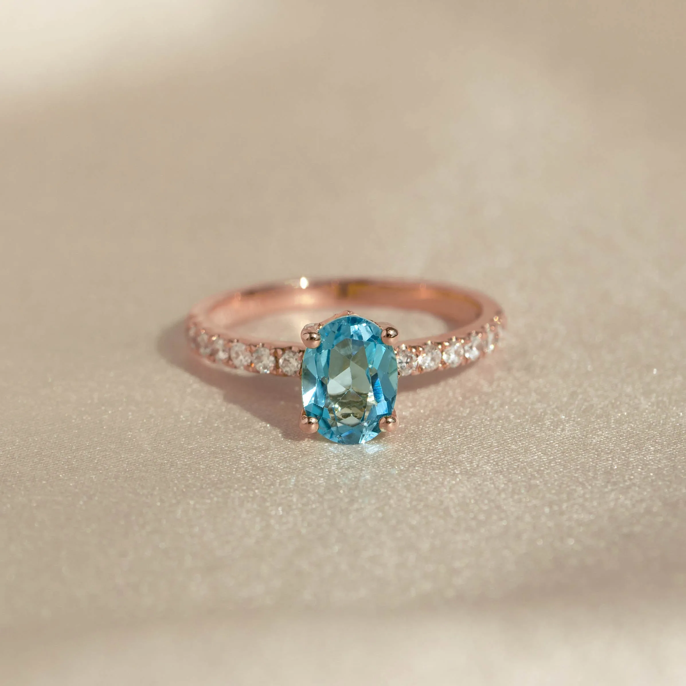 Oval Swiss Blue Topaz and Diamond Ring Rose Gold - Minette sold by Linjer