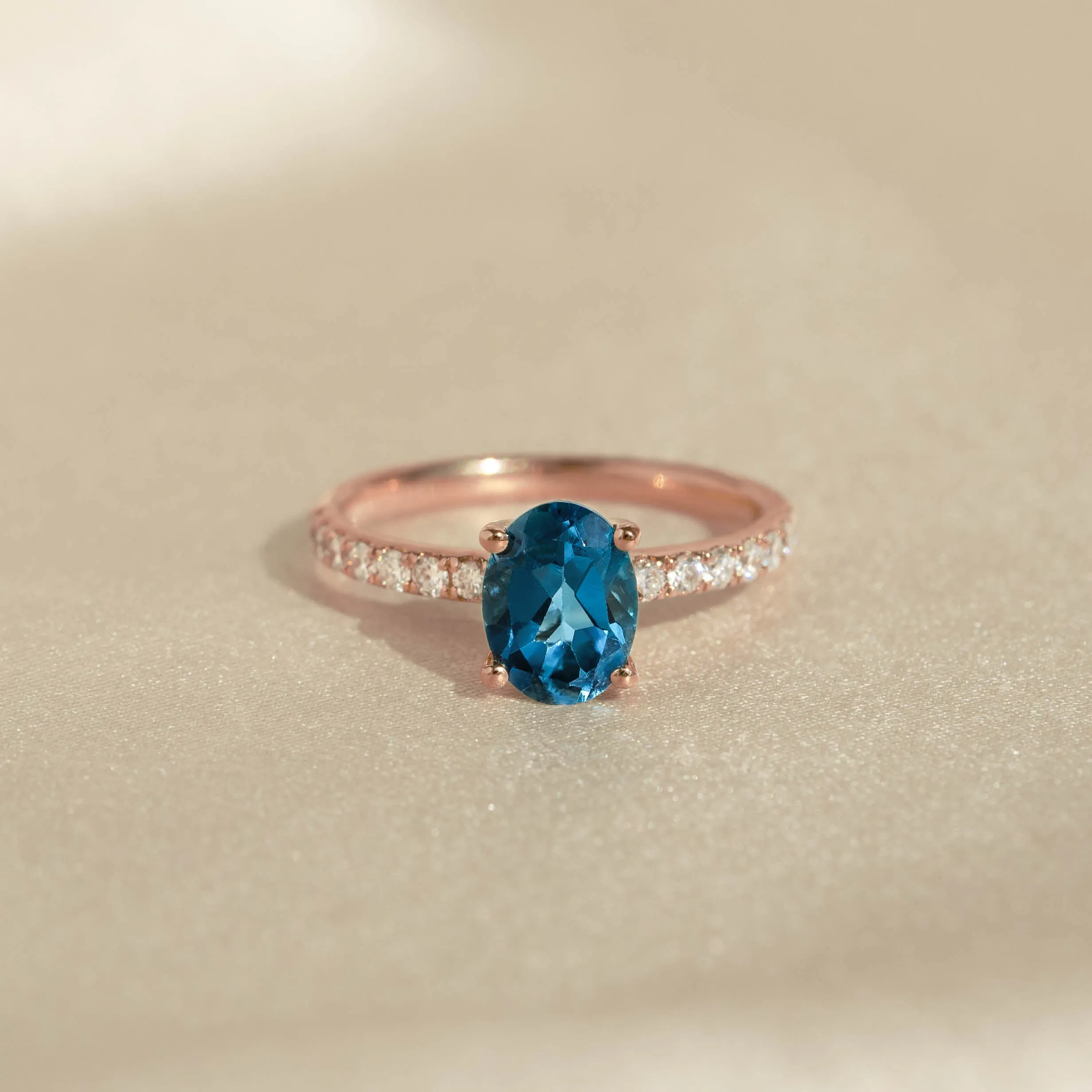 Oval London Blue Topaz and Diamond Ring Rose Gold - Minette sold by Linjer
